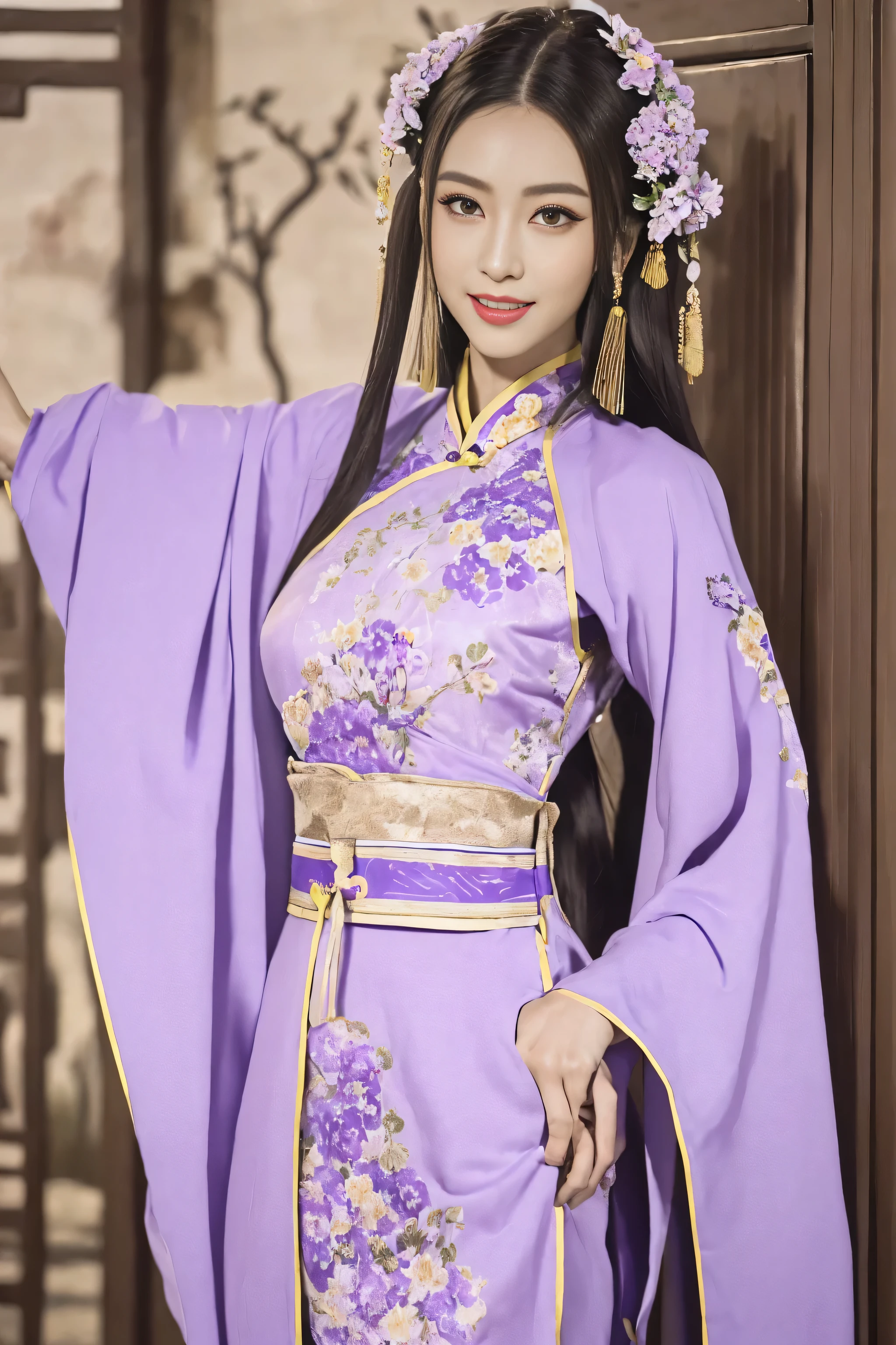 (Best quality at best,A high resolution),(actual),(sporty attire),(beautidful eyes,beautiful detailed lips,Extremely detailed face),(((Lilac ancient Chinese costume)))，(External，Lush greenery，flowers blooming)，,(Stylish and fashionable clothes),(elongated),(stand posture),(Full body photo),(facing at the camera),(Smiling),(gentle expressions),(Perfect hair details),(Perfect lighting details),(Perfect skin details),