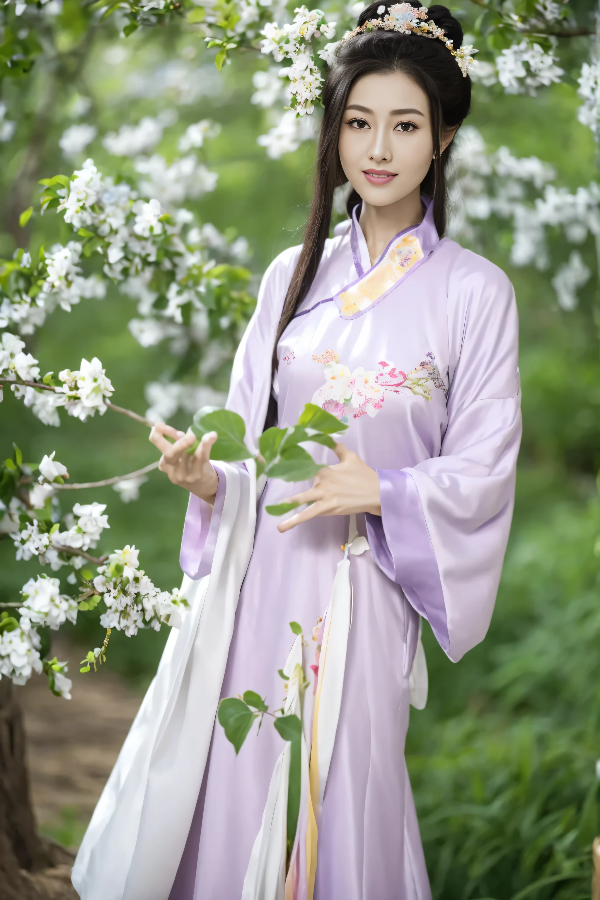 Fashion model 18 years old， [[[[close up]]]], [[[[rapeseed]]]], [[[[bshoulders]]]], perfect  eyes, Perfect iris，perfect lips，perfect teeth，Perfect Skin，with fair skin，HighDynamicRange，Movie Girl，(delicated face)，(Highly defined faces)，(((Lilac ancient Chinese costume)))，(External，Lush greenery，flowers blooming)，((ssmile))，((Sexy and charming expression))，((looking at viewert))，4K Ultra HD, 超高分辨率, (realistically: 1.4), Best quality at best，tmasterpiece，（pastel colour：1.2)