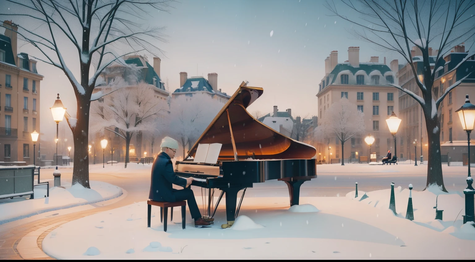 Solo Pianist in a Snowy Parisian Park: Illustrate a solitary pianist, an adult man with silver hair in a tailored coat, playing a grand piano under the snow-covered trees of Parc Monceau in Paris. The park, adorned with vintage street lamps and wrought-iron gates, should be tinged with Wes Anderson's distinctive palette, capturing the serene beauty of a winter afternoon in the City of Light.