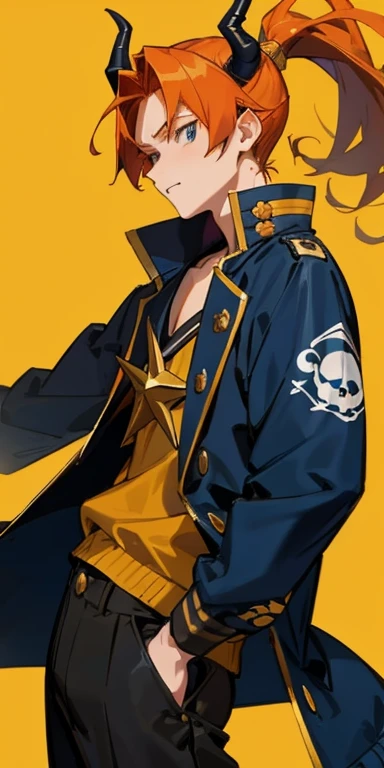 anime guy with ginger hair in a ponytail, demon horns, pirate, navy blue jacket, gold details,