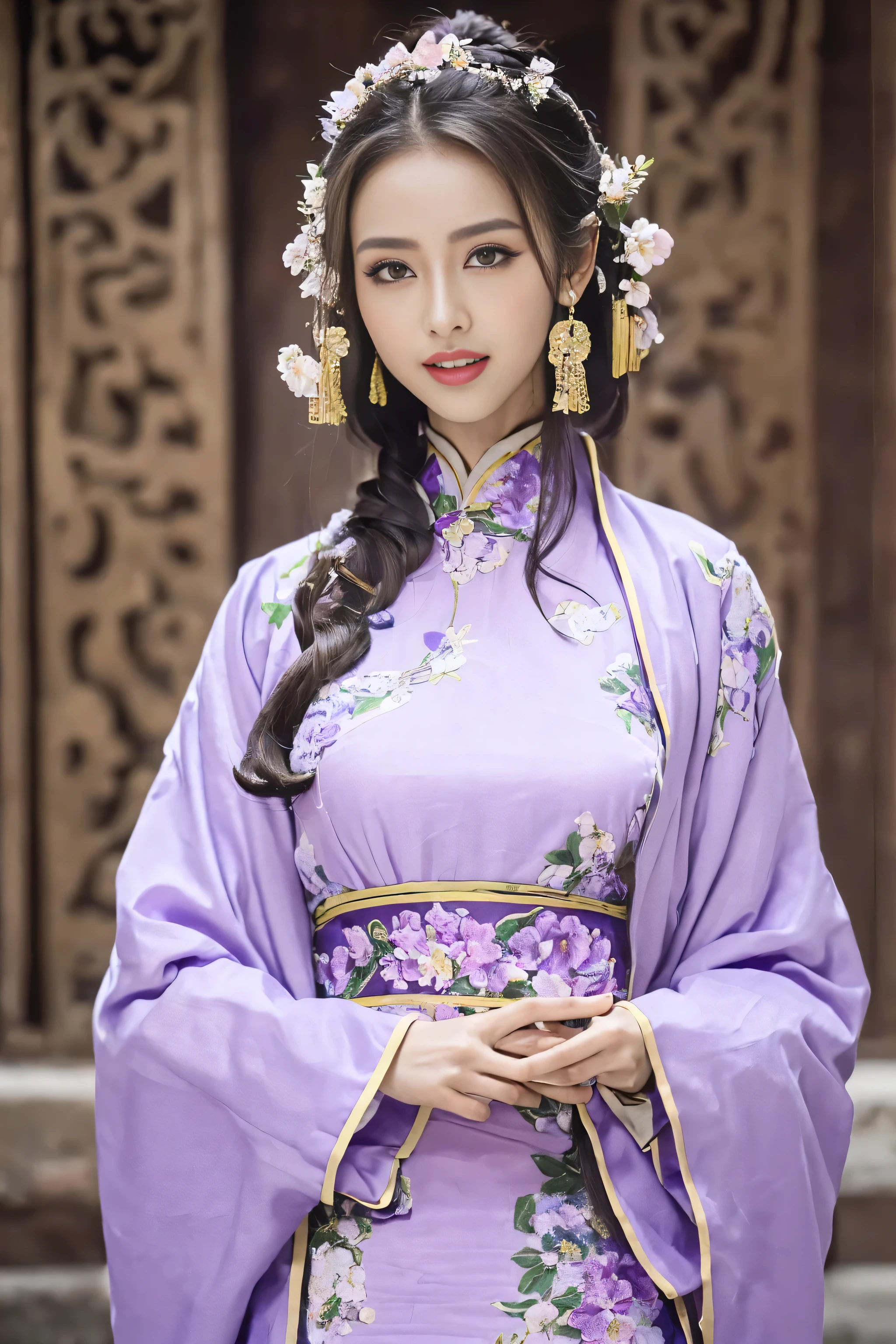 (Best quality at best,A high resolution),(actual),(sporty attire),(beautidful eyes,beautiful detailed lips,Extremely detailed face),(((Lilac ancient Chinese costume)))，(External，Lush greenery，flowers blooming)，,(Stylish and fashionable clothes),(elongated),(stand posture),(Full body photo),(facing at the camera),(Smiling),(gentle expressions),(Perfect hair details),(Perfect lighting details),(Perfect skin details),