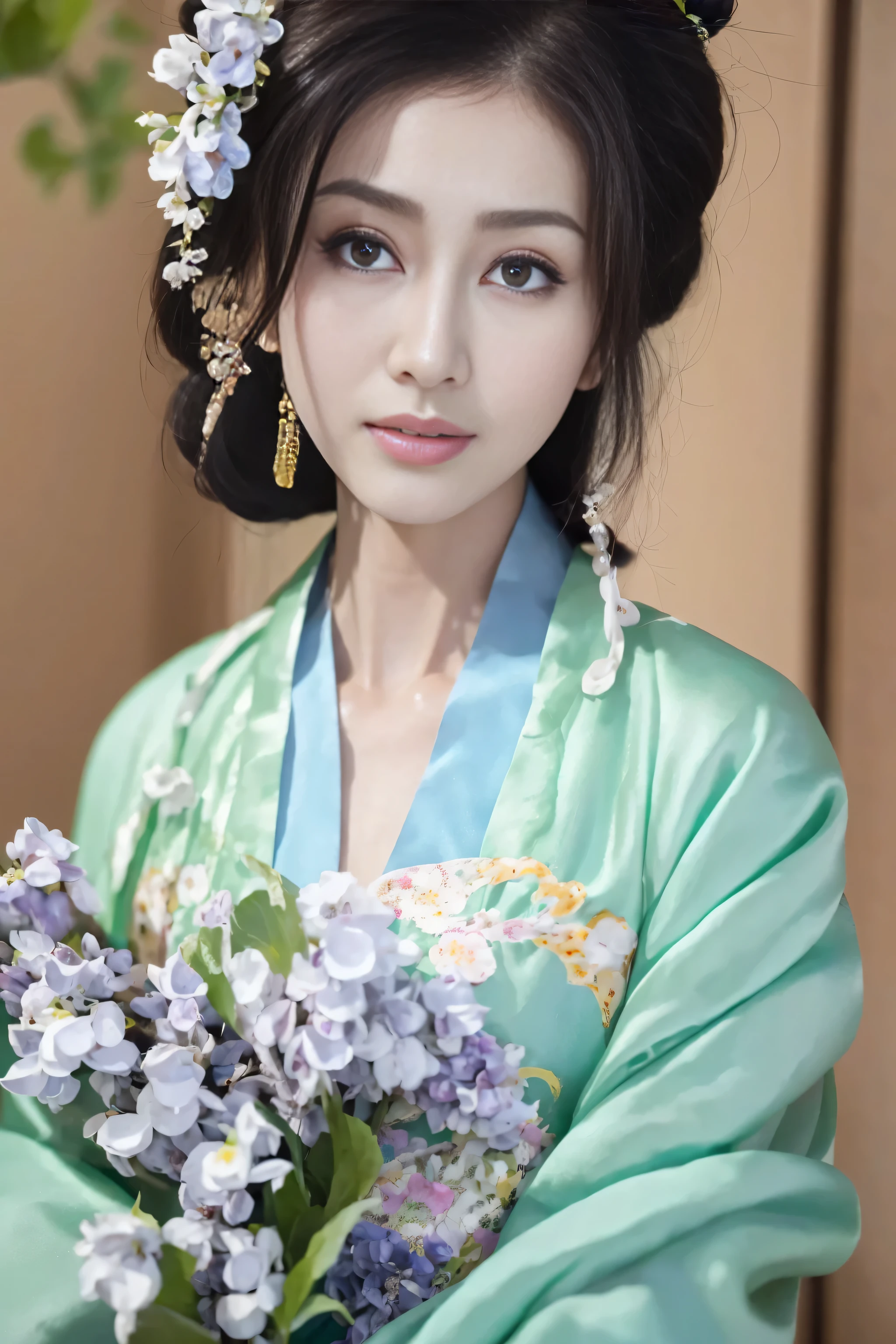 Fashion model 18 years old， [[[[close up]]]], [[[[rapeseed]]]], [[[[bshoulders]]]], perfect  eyes, Perfect iris，perfect lips，perfect teeth，Perfect Skin，with fair skin，HighDynamicRange，Movie Girl，(delicated face)，(Highly defined faces)，(((Lilac ancient Chinese costume)))，(External，Lush greenery，flowers blooming)，((ssmile))，((Sexy and charming expression))，((looking at viewert))，(((脸部的close up)))，4K Ultra HD, 超高分辨率, (realistically: 1.4), Best quality at best，tmasterpiece，（pastel colour：1.2)
