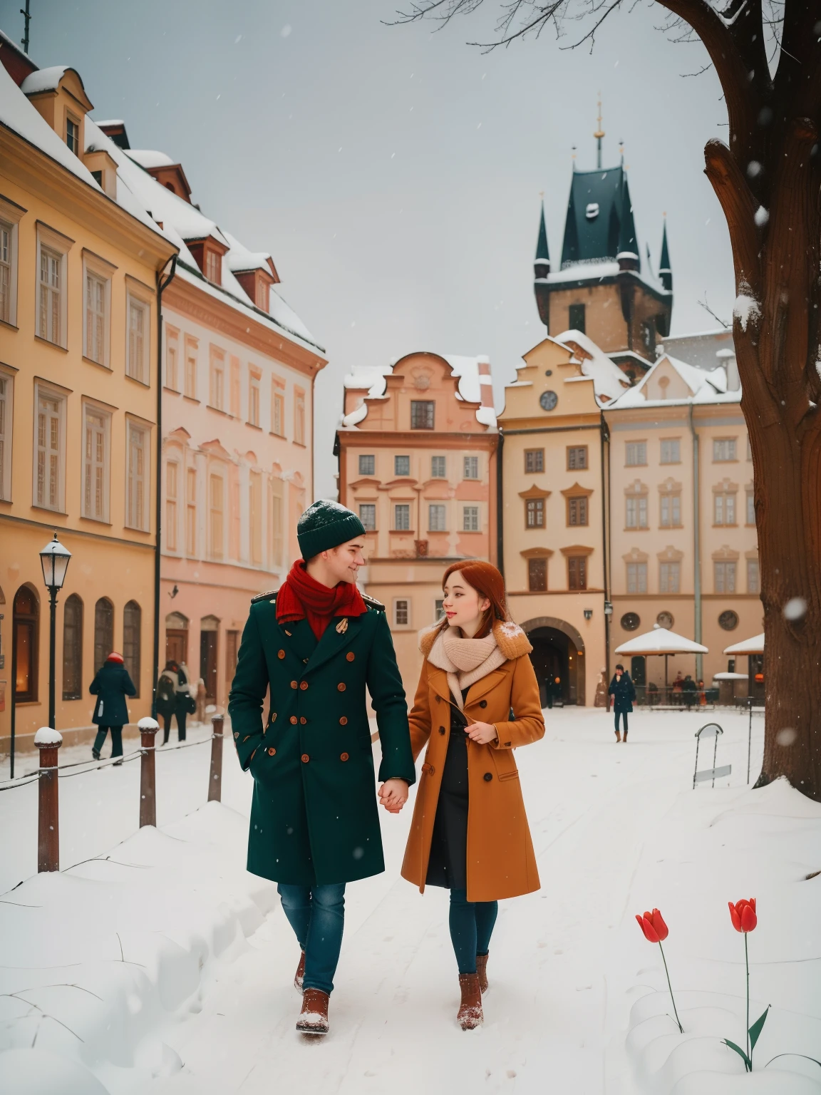 Winter Romance in Prague's Old Town Square: Capture a scene in Prague during February, featuring a couple walking through the cobblestone streets of the Old Town Square. The young woman, with auburn hair and a vintage-inspired wool coat, holds a bouquet of red tulips. The snow-covered buildings and Baroque architecture should be bathed in Wes Anderson's warm pastels, creating a whimsical atmosphere of winter romance.