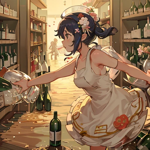 A girl covered in flower cake ramen serving a floating bottle、Amazing dynamism、Amazing Angle、Unstable buoyancy sandstorm、((((Many friendly bottles closely fused and chased each other))))、((monitor each other'jar of))、