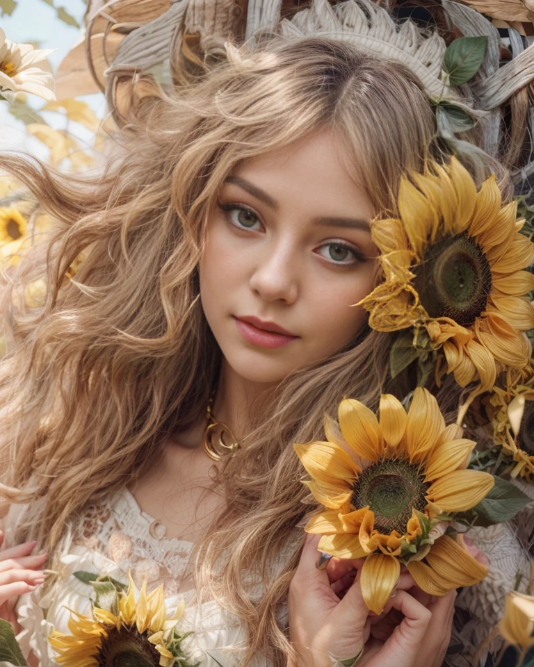 a image of a woman with long hair and sunflowers, beautiful sunflower girl, detailed portrait of a girl, goddess. extremely high detail, intricate details, detailed face, detailed skin, detailed texture, detailed environment, 8K, UHD