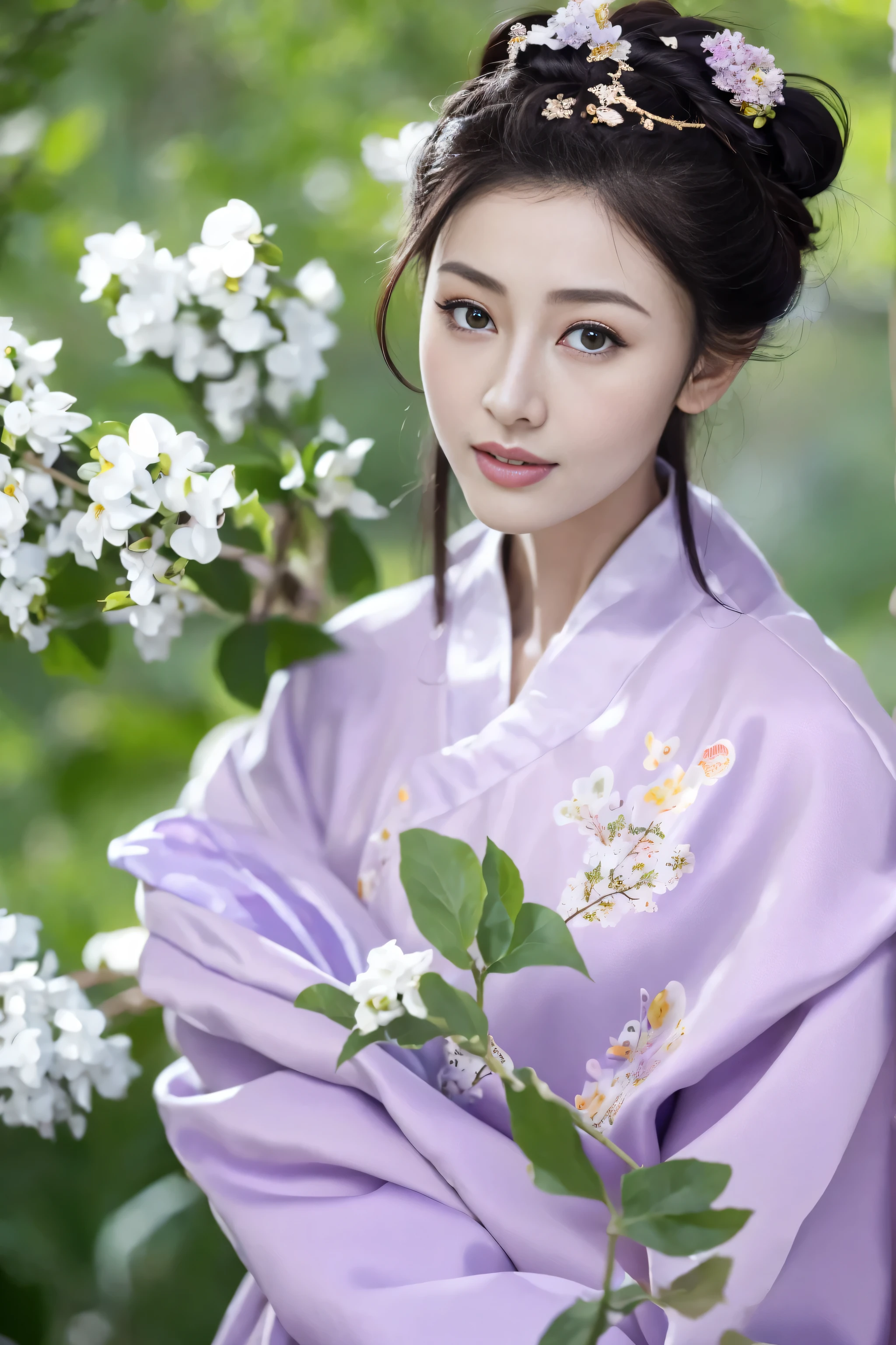 Fashion model 18 years old， [[[[close up]]]], [[[[rapeseed]]]], [[[[bshoulders]]]], perfect  eyes, Perfect iris，perfect lips，perfect teeth，Perfect Skin，with fair skin，HighDynamicRange，Movie Girl，(delicated face)，(Highly defined faces)，(((Lilac ancient Chinese costume)))，(External，Lush greenery，flowers blooming)，((ssmile))，((Sexy and charming expression))，((looking at viewert))，(((脸部的close up)))，4K Ultra HD, 超高分辨率, (realistically: 1.4), Best quality at best，tmasterpiece，（pastel colour：1.2)