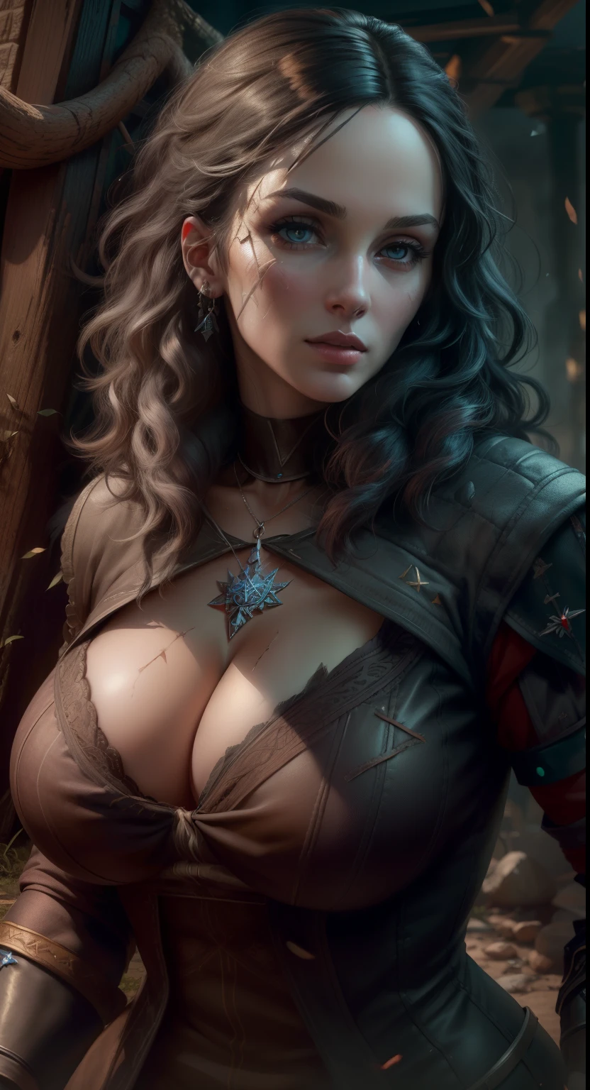 (masterpiece:1.3), (8k, photorealistic, RAW photo, best quality: 1.4), (1girl), (((yennefer from Witcher 3 with massive breasts))), overflowing cleavage, buttons straining, breast expansion,beautiful face, (realistic face), beautiful white hair, realistic red eyes, beautiful detailed red eyes, (realistic skin), beautiful skin, (fur outfit), absurdres, attractive, ultra high res, ultra realistic, highly detailed, golden ratio, deep cleavage,, ((facial curved scar  left cheek)), ((dark colors )),