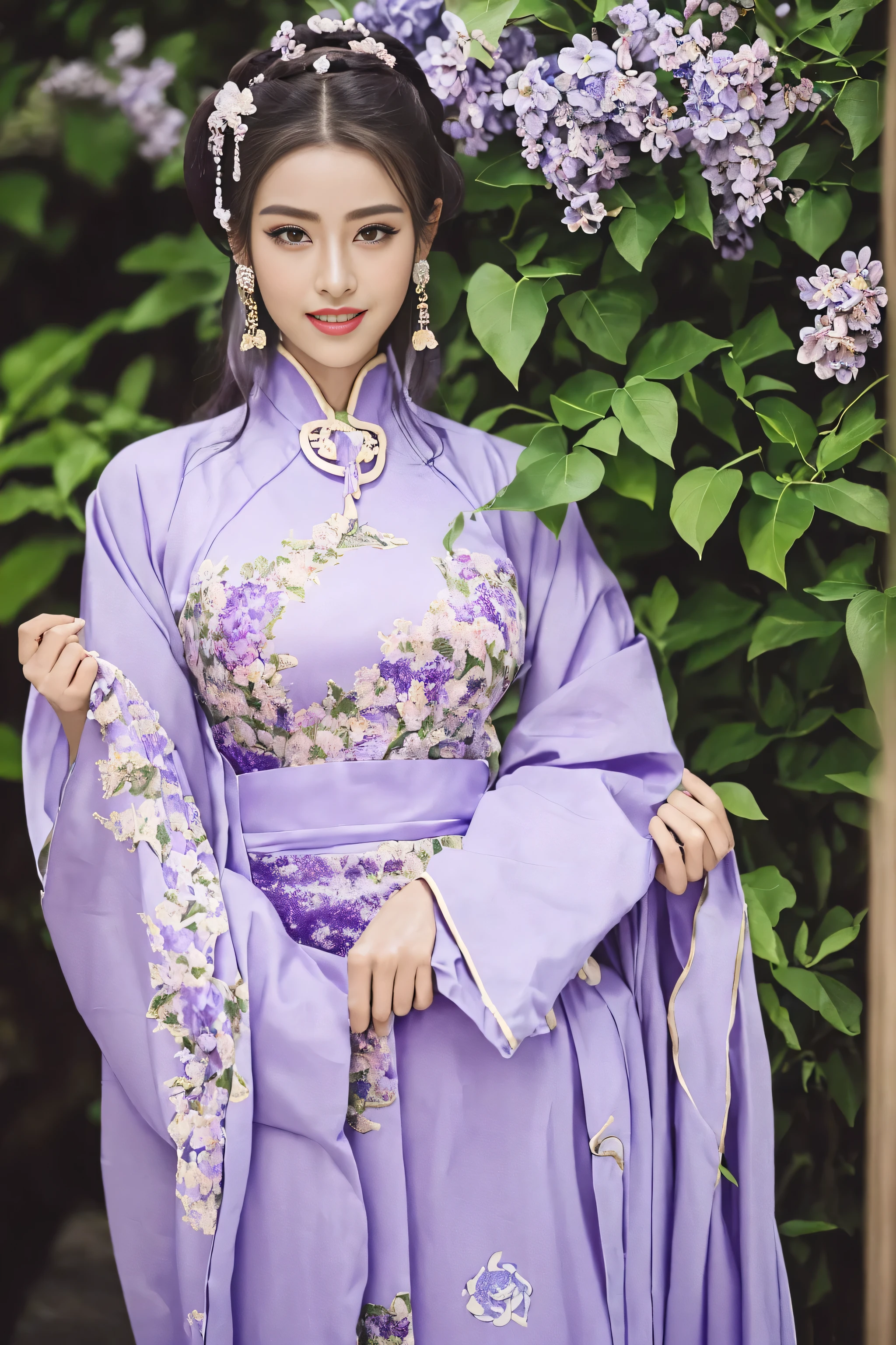 (Best quality at best,A high resolution),(actual),(sporty attire),(beautidful eyes,beautiful detailed lips,Extremely detailed face),(((Lilac ancient Chinese costume)))，(External，Lush greenery，flowers blooming)，,(Stylish and fashionable clothes),(elongated),(stand posture),(Full body photo),(facing at the camera),(Smiling),(gentle expressions),(Perfect hair details),(Perfect lighting details),(Perfect skin details),