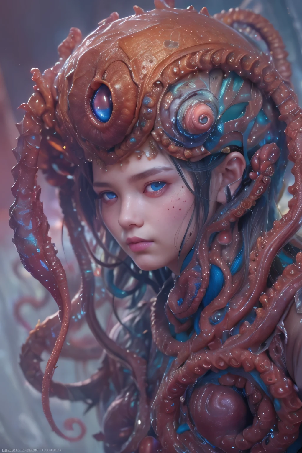 Portrait, (beautiful female alien:1.2), (she has red eyes with no pupils:1.8), (Translucent skin:1.7), (There is a female genital-like organ in the middle of the forehead:1.9), (The most beautiful face in the history of the universe:1.2),an evil gaze that seduces, (large mouth:1.1), (sharp teeth like a vampire:1.2), Full body like, (bio luminescent:1.5), (Smile wickedly:1.3), (sexypose:1.5), alien, No humans, cells are fused, (Lots of translucent tentacles:1.3) extraterrestrial, cell, bio image, Best Quality, 8K,4K_quality, High Definition, Dramatic Lighting, masutepiece:1.5,cinematic quality, detail up, (Intricate details:1.2), High resolution, High Definition, drawing faithfully, (Thick eyebrows:1.2), Beautiful eyes with fine symmetry,(Highly detailed face and eyes:1.2), Intimate face, (Super detailed skin quality feeling:1.4), Perfect Anatomy, (Beautiful toned body:1.5), (Moist skin:1.2), No makeup, (dark circles:1.1), long canines, cinematic drawing of characters, ultra high quality model, cinematic quality, detail up, (Intricate details:1.2), High resolution, High Definition, drawing faithfully, Official art, Unity 8K wall , 8K Portrait, Best Quality, Very High resolution, ultra detailed artistic photography, midnight aura, unreal enginee 5, Ultra Sharp Focus, art by alberto seveso, ArtGerm, Roisch, intricate artwork, best quality, masutepiece, ultra High resolution, (photos realistic:1.4), Ultra-realistic realism, dream-like, nautilus, Creation of fantasy, Snail, Dream Snail, biopunk nautilus, Thrilling color schemes, Ultra-realistic realism, seductively smiling, Blue tentacles,