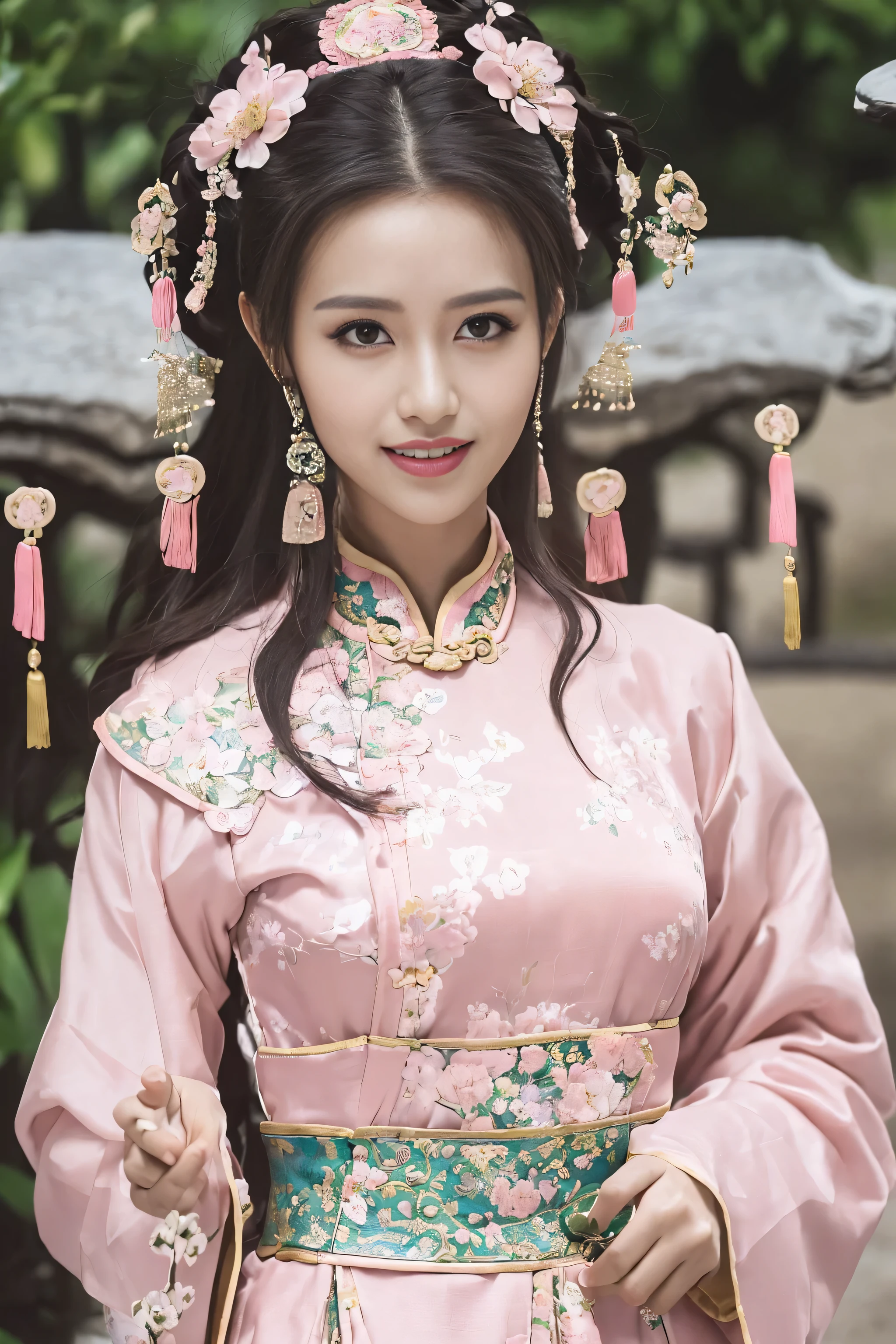 (Best quality at best,A high resolution),(actual),(sporty attire),(beautidful eyes,beautiful detailed lips,Extremely detailed face),(((Pink ancient Chinese costume)))，(External，Lush greenery，flowers blooming)，,(Stylish and fashionable clothes),(elongated),(stand posture),(Full body photo),(facing at the camera),(Smiling),(gentle expressions),(Perfect hair details),(Perfect lighting details),(Perfect skin details),