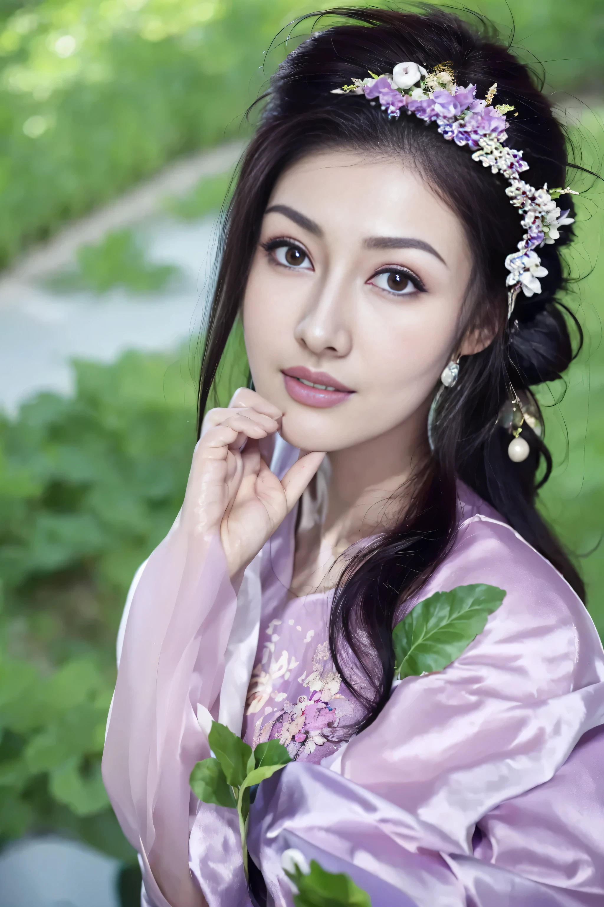 Fashion model 18 years old， [[[[close up]]]], [[[[rapeseed]]]], [[[[bshoulders]]]], perfect  eyes, Perfect iris，perfect lips，perfect teeth，Perfect Skin，with fair skin，HighDynamicRange，Movie Girl，(delicated face)，(Highly defined faces)，(((Lilac ancient Chinese costume)))，(External，Lush greenery，flowers blooming)，((ssmile))，((Sexy and charming expression))，((looking at viewert))，(((脸部的close up)))，4K Ultra HD, 超高分辨率, (realistically: 1.4), Best quality at best，tmasterpiece，（pastel colour：1.2)