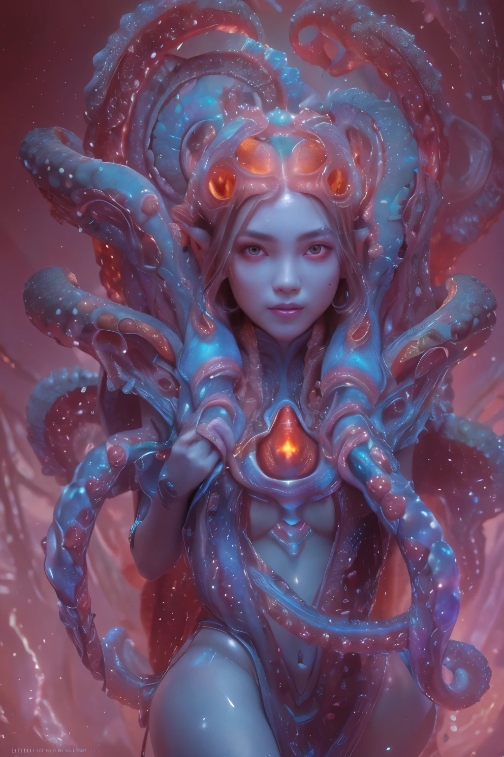 Portrait, (beautiful female alien:1.2), (she has red eyes with no pupils:1.8), (Translucent skin:1.7), (There is a female genital-like organ in the middle of the forehead:1.9), (The most beautiful face in the history of the universe:1.2),an evil gaze that seduces, (large mouth:1.1), (sharp teeth like a vampire:1.2), Full body like, (bio luminescent:1.5), (Smile wickedly:1.3), (sexypose:1.5), alien, No humans, cells are fused, (Lots of translucent tentacles:1.3) extraterrestrial, cell, bio image, Best Quality, 8K,4K_quality, High Definition, Dramatic Lighting, masutepiece:1.5,cinematic quality, detail up, (Intricate details:1.2), High resolution, High Definition, drawing faithfully, (Thick eyebrows:1.2), Beautiful eyes with fine symmetry,(Highly detailed face and eyes:1.2), Intimate face, (Super detailed skin quality feeling:1.4), Perfect Anatomy, (Beautiful toned body:1.5), (Moist skin:1.2), No makeup, (dark circles:1.1), long canines, cinematic drawing of characters, ultra high quality model, cinematic quality, detail up, (Intricate details:1.2), High resolution, High Definition, drawing faithfully, Official art, Unity 8K wall , 8K Portrait, Best Quality, Very High resolution, ultra detailed artistic photography, midnight aura, unreal enginee 5, Ultra Sharp Focus, art by alberto seveso, ArtGerm, Roisch, intricate artwork, best quality, masutepiece, ultra High resolution, (photos realistic:1.4), Ultra-realistic realism, dream-like, nautilus, Creation of fantasy, Snail, Dream Snail, biopunk nautilus, Thrilling color schemes, Ultra-realistic realism, seductively smiling, Blue tentacles,