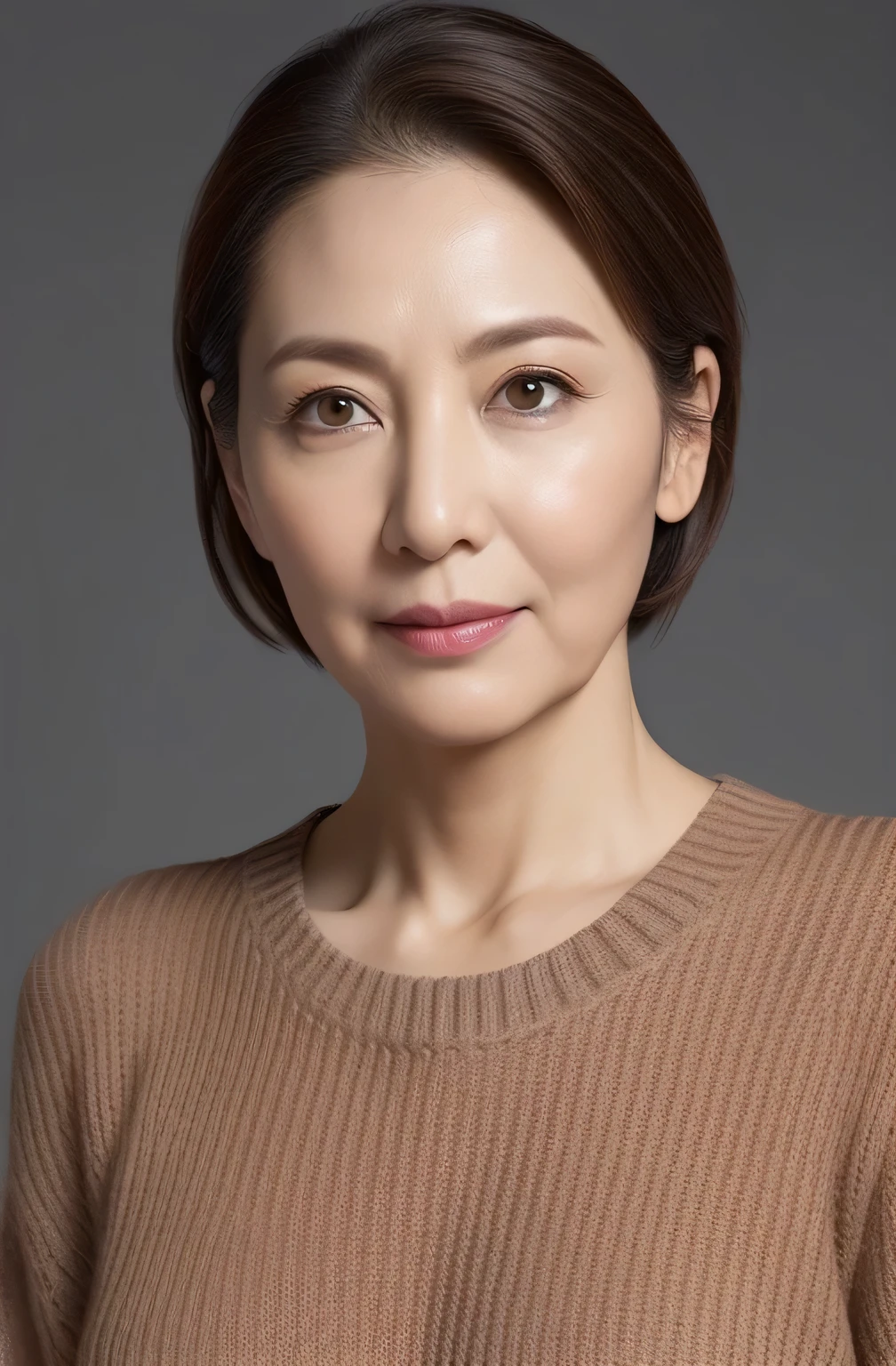 hight resolution, high-level image quality, high detailing, masterpiece, Textured skin, tre anatomically correct, sharp, greybackground((japanese mature, 55 years old)), 独奏, ((Wrinkles on the face)), large breasts with good shape, Straight light brown hair that reaches to the shoulders, chubby figure (((erect through, facing the center of the screen.))), Close your mouth and look straight ahead with a serious face, Sweaters, skirt by the, ((cowboy shot)),