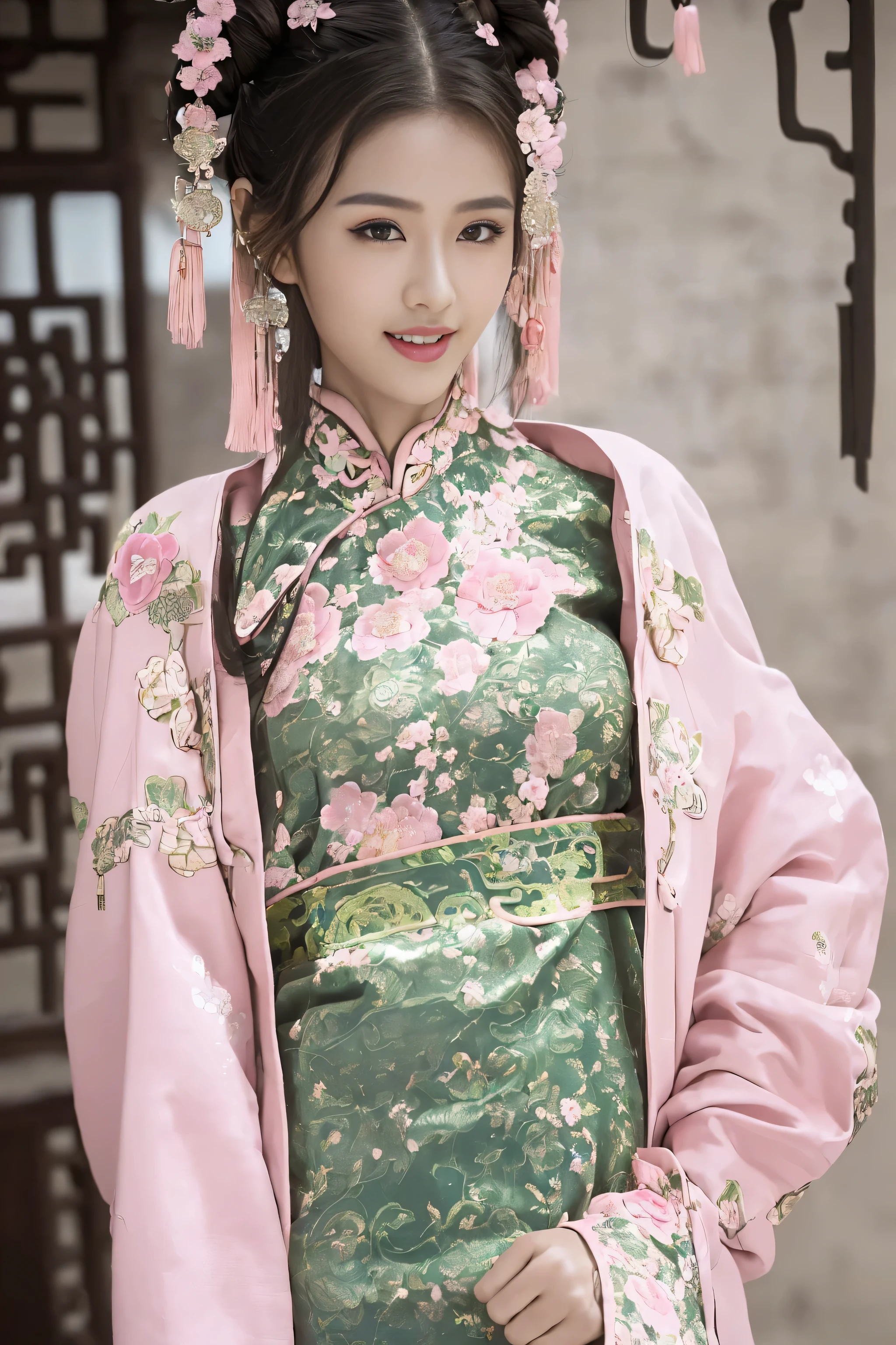 (Best quality at best,A high resolution),(actual),(sporty attire),(beautidful eyes,beautiful detailed lips,Extremely detailed face),(((Pink ancient Chinese costume)))，(External，Lush greenery，flowers blooming)，,(Stylish and fashionable clothes),(elongated),(stand posture),(Full body photo),(facing at the camera),(Smiling),(gentle expressions),(Perfect hair details),(Perfect lighting details),(Perfect skin details),