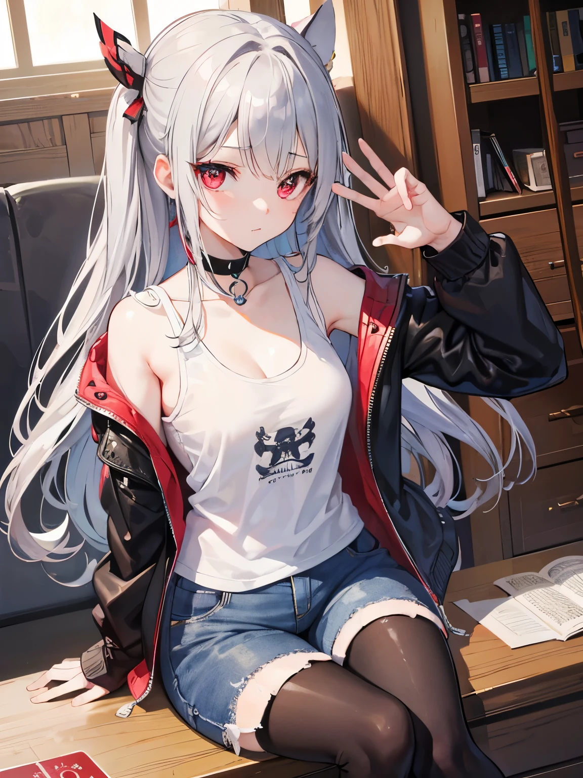 masterpiece, Highest quality, beautiful, high resolution, perfect anatomy, Beautiful gray hair、Beautiful red eyes、Longhaire、Tank tops、denim shortpants、a choker、 black hose, brown jacket, selfie style、selfee、piece、piece sign、 8K、a beauty girl、 Nice、 Beautiful hair、 Beautiful eyes、 Beautiful skin、Beautiful legs、Beautiful arms、Perfect fingers、 Very cute、 Very kawaii、