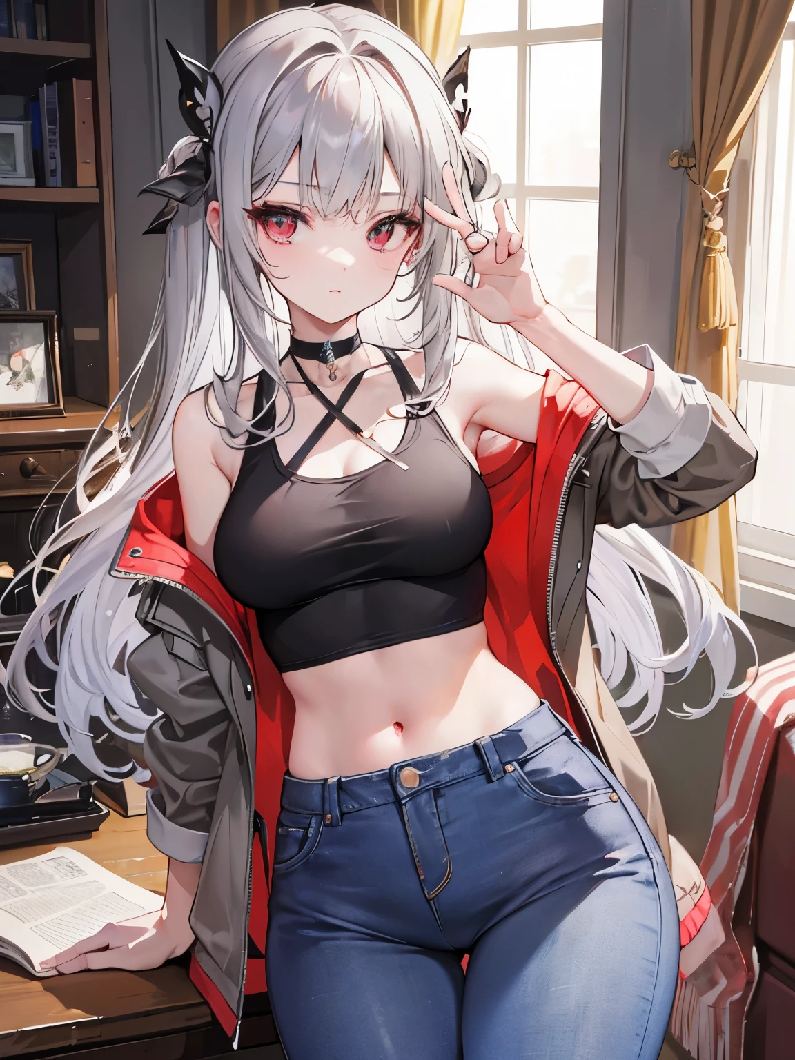 masterpiece, Highest quality, beautiful, high resolution, perfect anatomy, Beautiful gray hair、Beautiful red eyes、Longhaire、Tank tops、denim shortpants、a choker、 black pantyhose, brown jacket, selfie style、selfee、piece、piece sign、 8K、a beauty girl、 Nice、 Beautiful hair、 Beautiful eyes、 Beautiful skin、Beautiful legs、Beautiful arms、Perfect fingers、 Very cute、 Very kawaii、