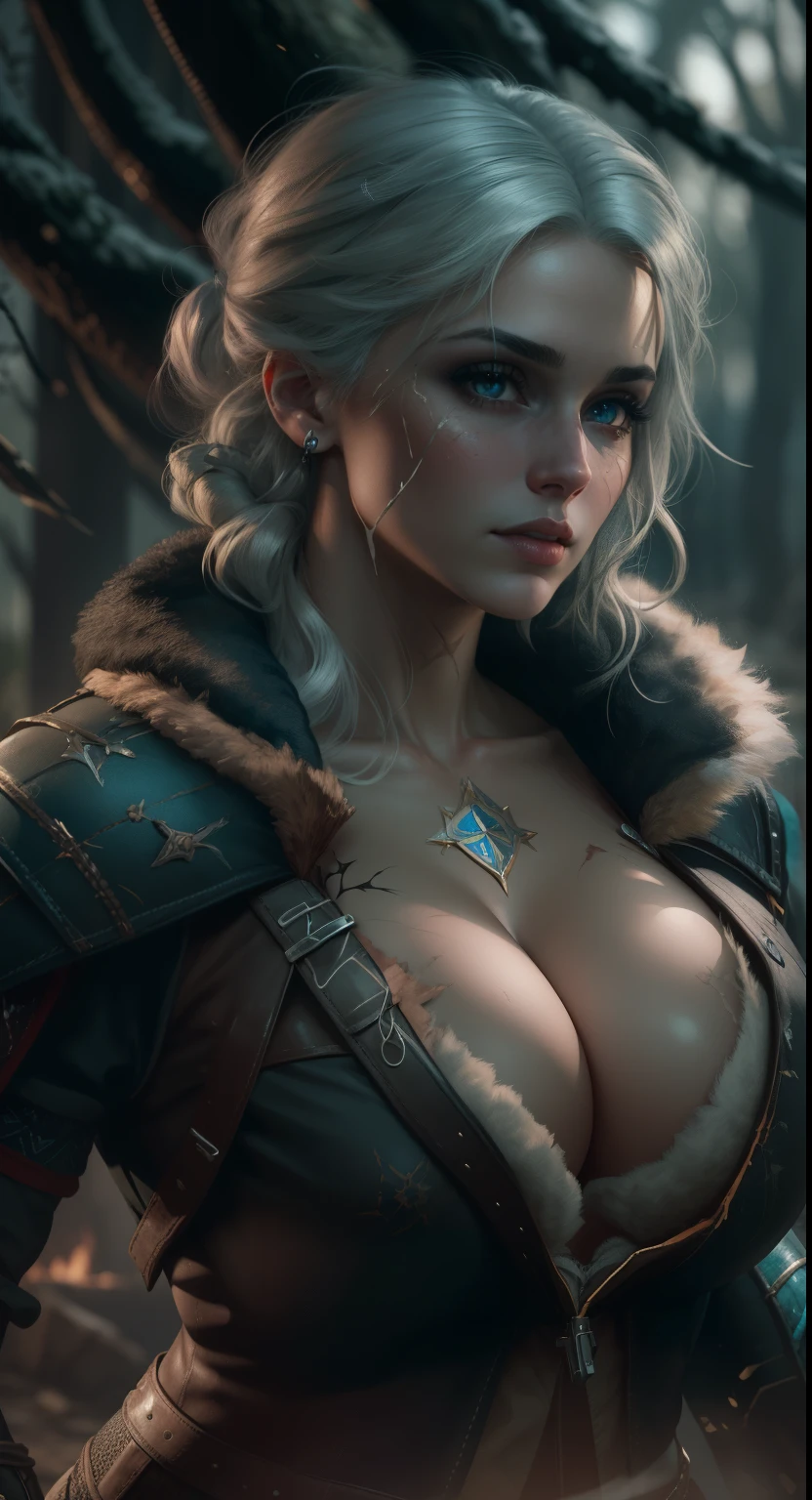 (masterpiece:1.3), (8k, photorealistic, RAW photo, best quality: 1.4), (1girl), (((Ciri from Witcher 3 with huge massive breasts))), overflowing cleavage, buttons straining, breast expansion,beautiful face, (realistic face), beautiful white hair, realistic green eyes, beautiful detailed green eyes, (realistic skin), beautiful skin, (sweater), absurdres, attractive, ultra high res, ultra realistic, highly detailed, golden ratio, deep cleavage, sword hilt, ((facial curved scar left cheek)), ((ultra realistic )),