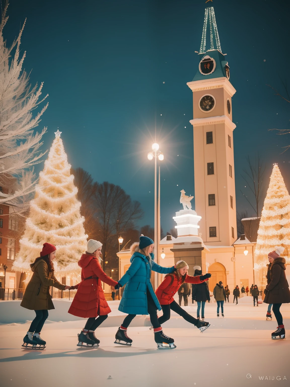 Ice Skating Extravaganza in Stockholm's Kungsträdgården: Create an image of a group of friends, teens and young adults, ice skating amidst the fairy lights and sculptures in Kungsträdgården, Stockholm. One girl with braided blonde hair wears a vintage-inspired winter coat. The snowy scene, with a mix of modern and classic architecture, should be awash in Wes Anderson's charming palette, capturing the joy of a February day in the Swedish capital.
