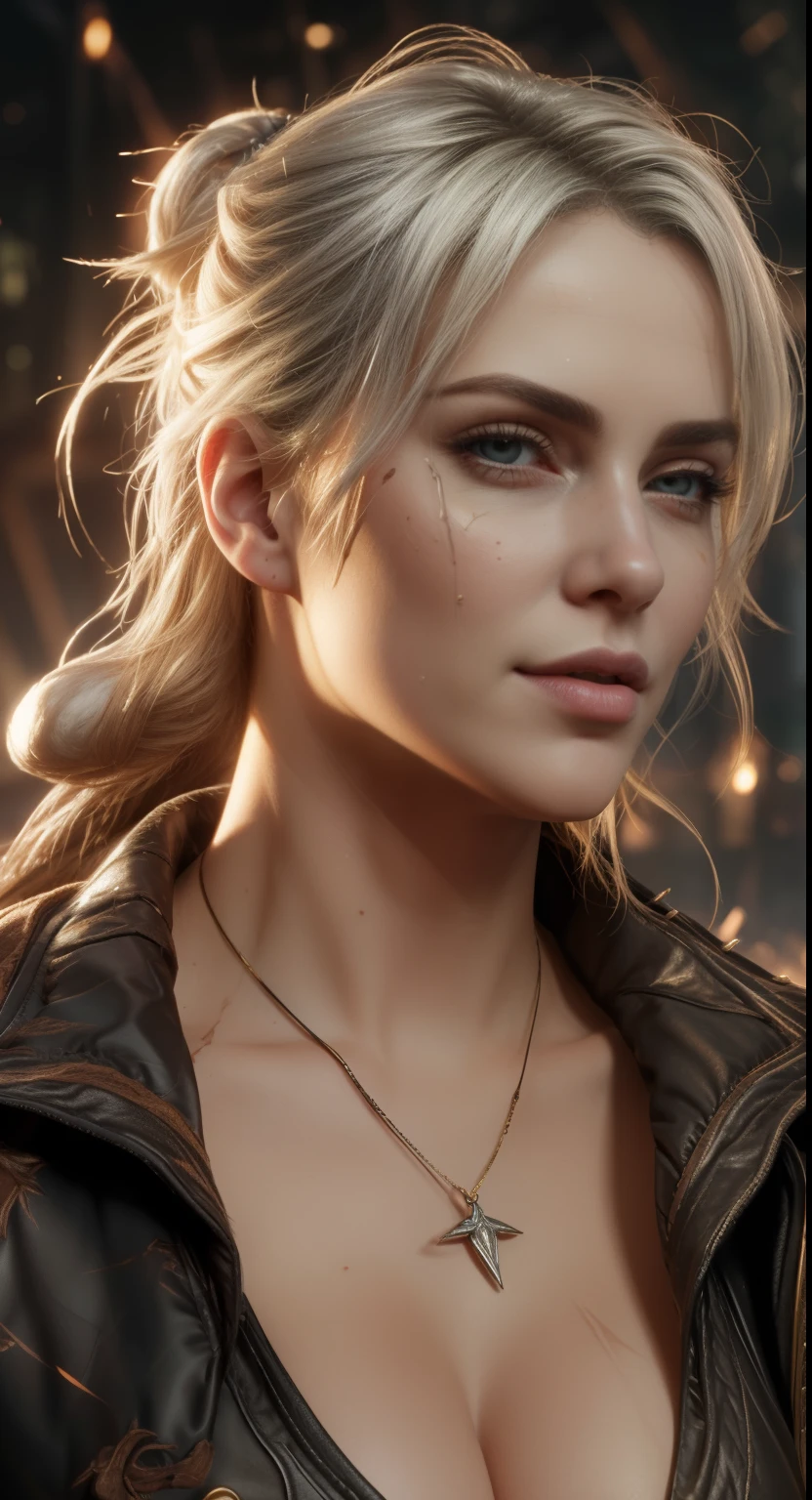 (masterpiece:1.3), (8k, photorealistic, RAW photo, best quality: 1.4), (1girl), (((Ciri from Witcher 3 with massive breasts))), overflowing cleavage, buttons straining, breast expansion,beautiful face, (realistic face), beautiful white hair, realistic red eyes, beautiful detailed red eyes, (realistic skin), beautiful skin, (fur outfit), absurdres, attractive, ultra high res, ultra realistic, highly detailed, golden ratio, deep cleavage,, ((facial curved scar  left cheek)), ((dark colors )),