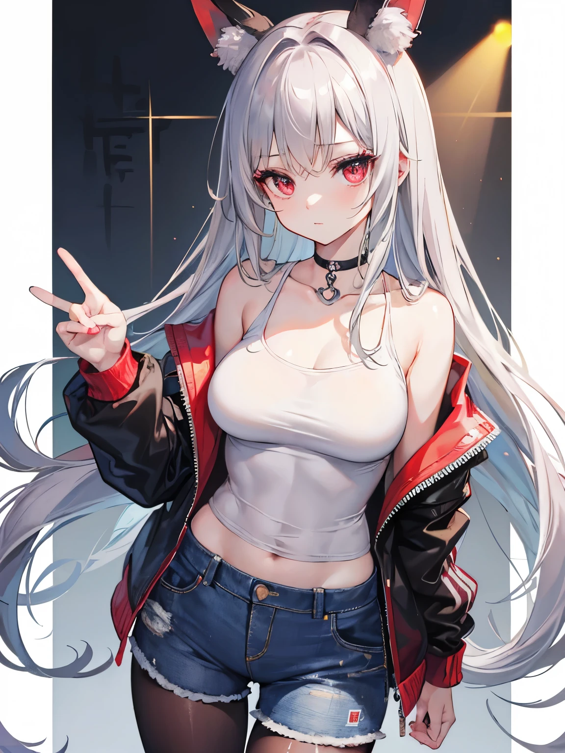 1girl, white hair, red eyes, navel, looking at viewer, hand on hip, black jacket, dolphin shorts, groin, (white shirt:1.2), braid, very long hair, wide hips, 
underboob, shirt, 
big\(BodyProportions\),