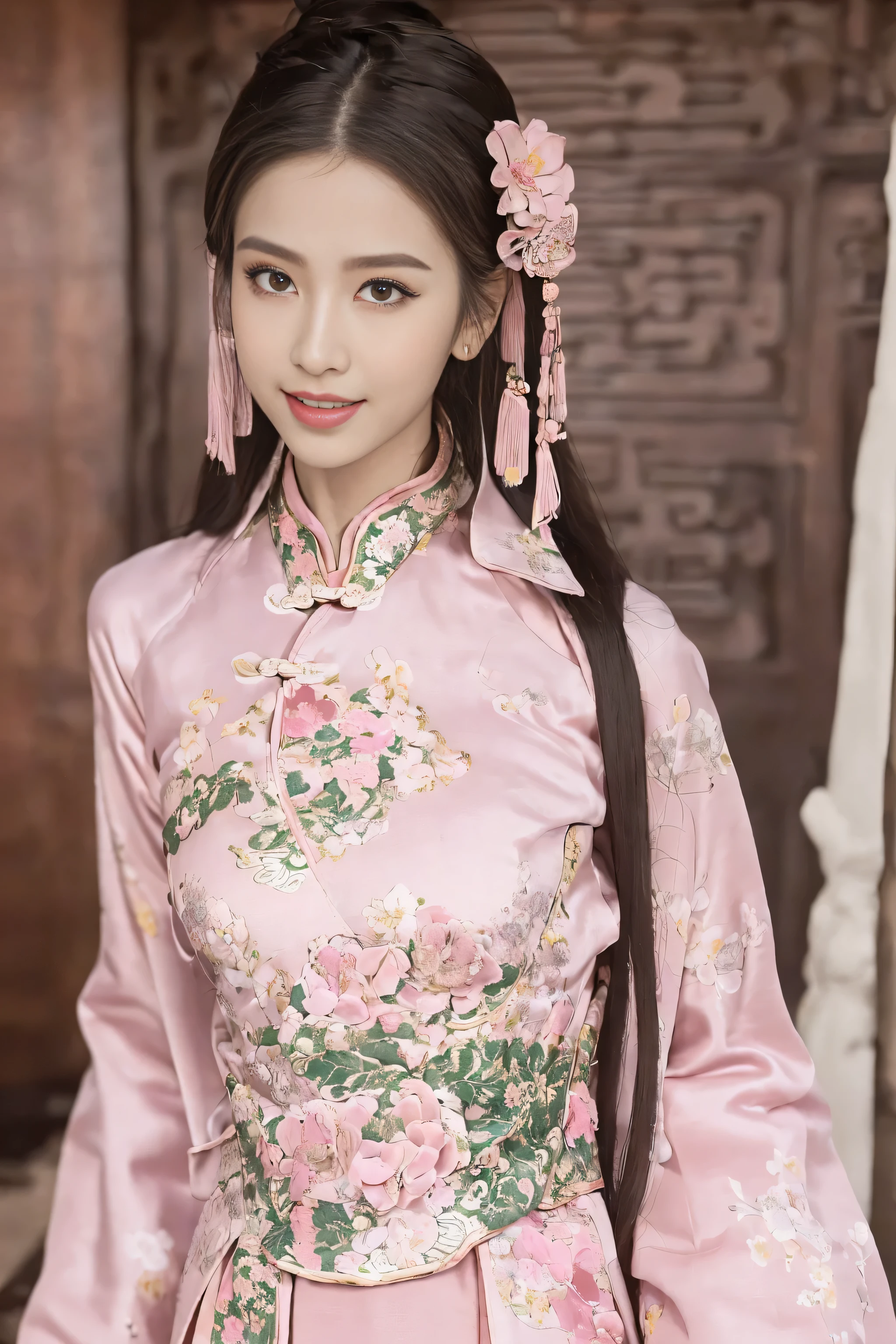 (Best quality at best,A high resolution),(actual),(sporty attire),(beautidful eyes,beautiful detailed lips,Extremely detailed face),(((Pink ancient Chinese costume)))，(External，Lush greenery，flowers blooming)，,(Stylish and fashionable clothes),(elongated),(stand posture),(Full body photo),(facing at the camera),(Smiling),(gentle expressions),(Perfect hair details),(Perfect lighting details),(Perfect skin details),