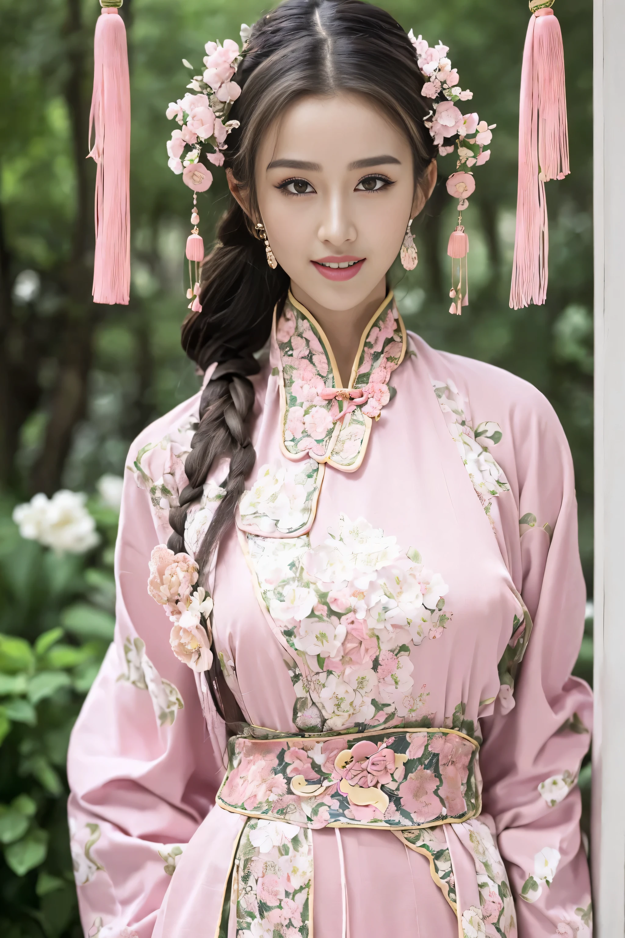 (Best quality at best,A high resolution),(actual),(sporty attire),(beautidful eyes,beautiful detailed lips,Extremely detailed face),(((Pink ancient Chinese costume)))，(External，Lush greenery，flowers blooming)，,(Stylish and fashionable clothes),(elongated),(stand posture),(Full body photo),(facing at the camera),(Smiling),(gentle expressions),(Perfect hair details),(Perfect lighting details),(Perfect skin details),