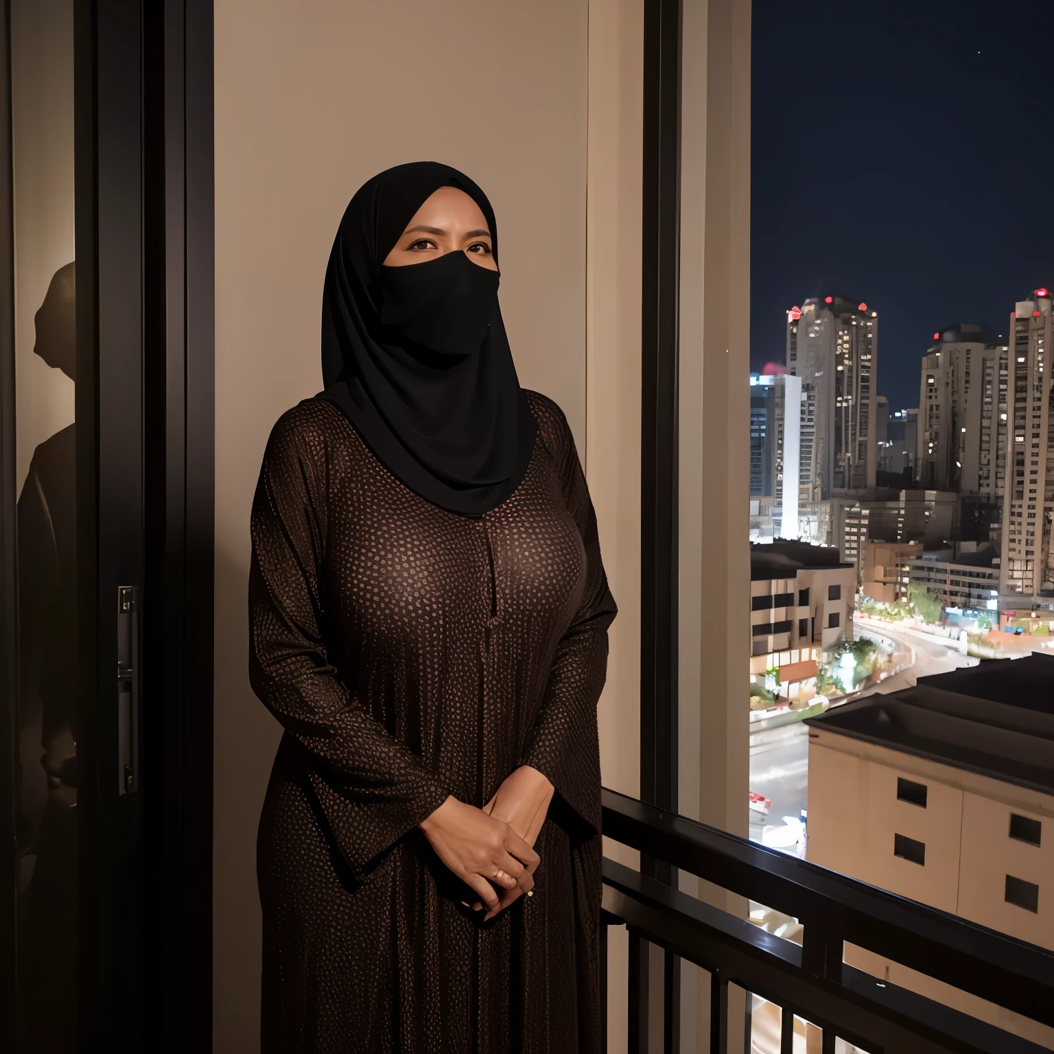 56 years Old, Hijab Indonesian mature woman, Saggy Large Tits : 98.8, Burqa, Tight Burqa, Perfect Body, Breast about To burst out, at Apartment balcony, Dark light, at Night Time