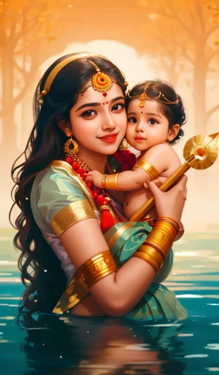 a woman holding a  in her arms in the water, inspired by T. K. Padmini, adorable digital painting, painting of beautiful, inspired by Thota Vaikuntham, artgerm and atey ghailan, by Thota Vaikuntham, inspired by Raja Ravi Varma, portrait painting of a princess, realistic cute girl painting, maternal photography 4 k