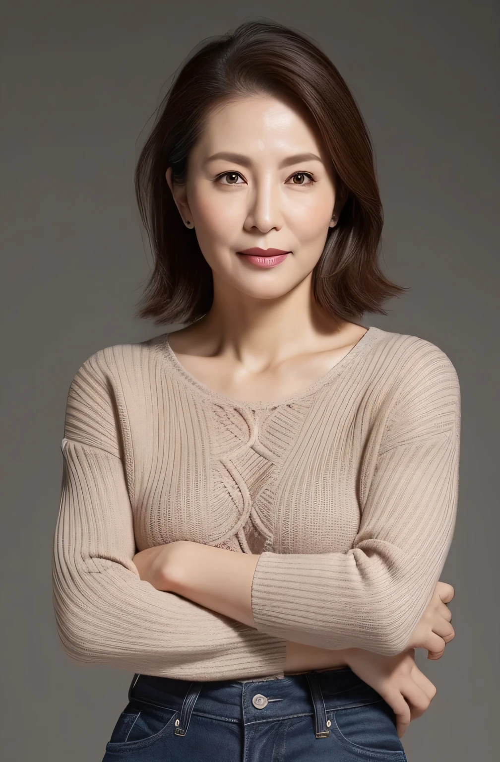 hight resolution, high-level image quality, high detailing, masterpiece, Textured skin, tre anatomically correct, sharp, greybackground((japanese mature, 55 years old)), 独奏, ((Wrinkles on the face)), large breasts with good shape, Straight light brown hair that reaches to the shoulders, chubby figure (((erect through, facing the center of the screen.))), Close your mouth and look straight ahead with a serious face, Sweaters, skirt by the, ((cowboy shot)),