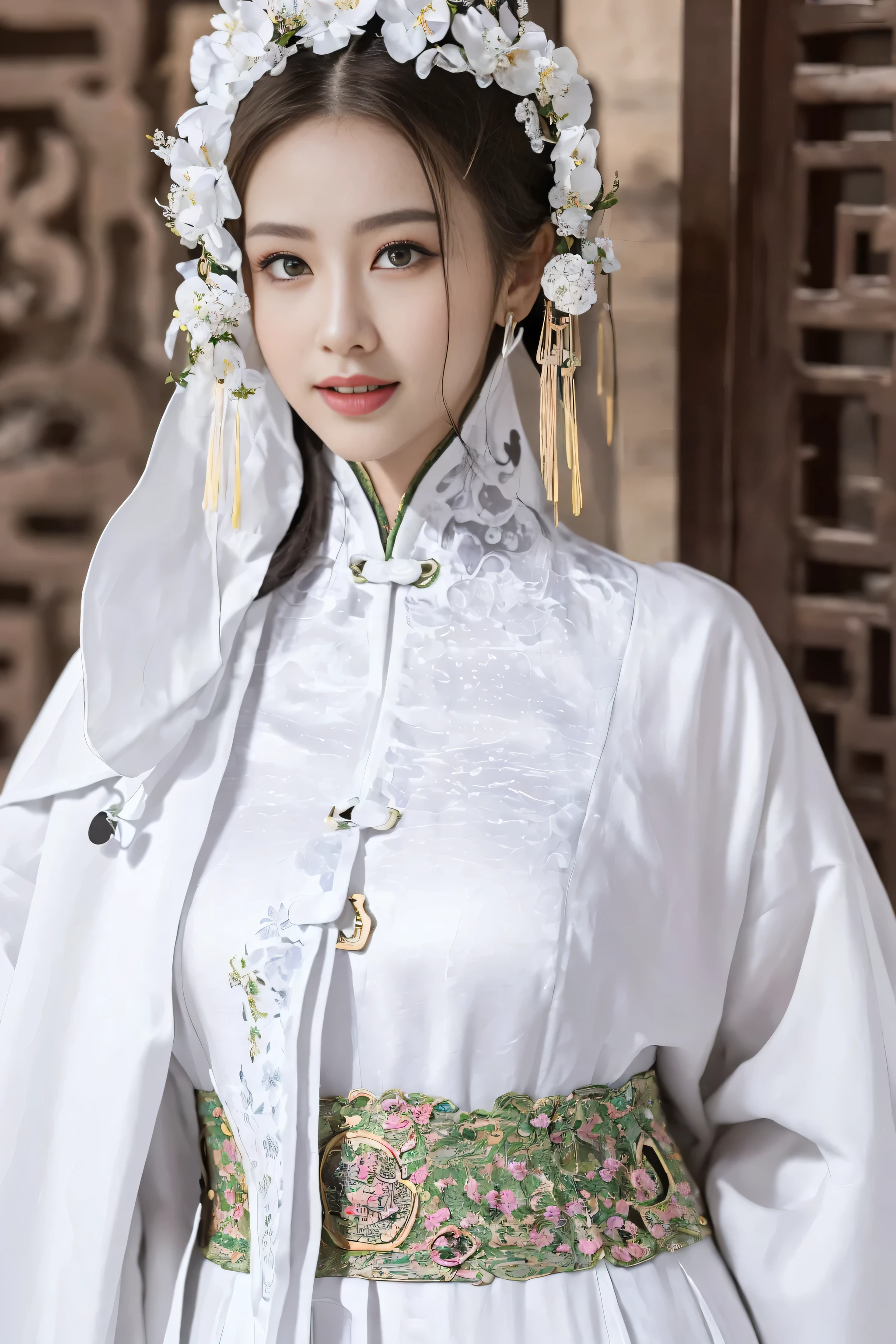 (Best quality at best,A high resolution),(actual),(sporty attire),(beautidful eyes,beautiful detailed lips,Extremely detailed face),(((White ancient Chinese costume)))，(External，Lush greenery，flowers blooming)，,(Stylish and fashionable clothes),(elongated),(stand posture),(Full body photo),(facing at the camera),(Smiling),(gentle expressions),(Perfect hair details),(Perfect lighting details),(Perfect skin details),