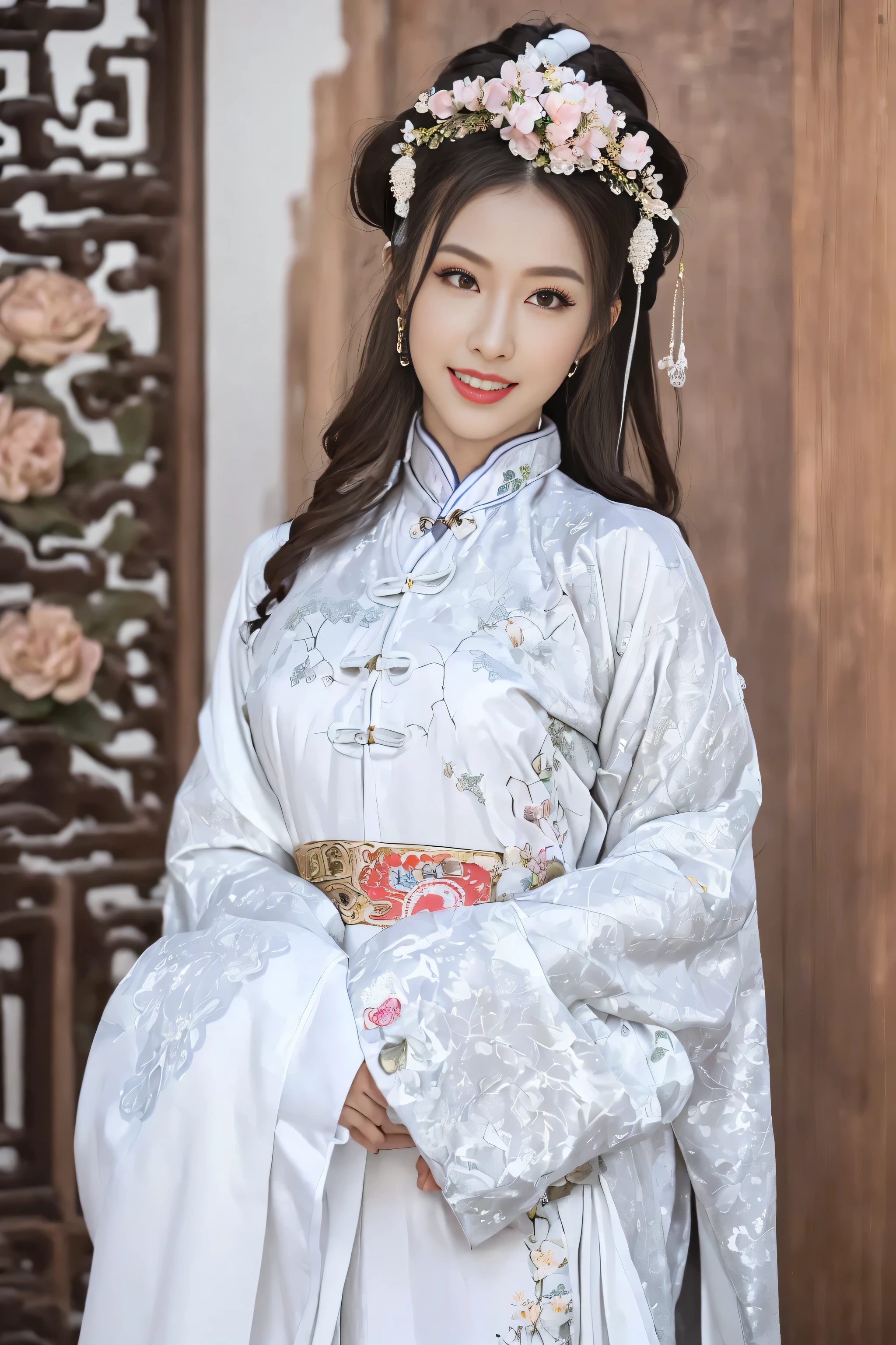 (Best quality at best,A high resolution),(actual),(sporty attire),(beautidful eyes,beautiful detailed lips,Extremely detailed face),(((White ancient Chinese costume)))，(External，Lush greenery，flowers blooming)，,(Stylish and fashionable clothes),(elongated),(stand posture),(Full body photo),(facing at the camera),(Smiling),(gentle expressions),(Perfect hair details),(Perfect lighting details),(Perfect skin details),