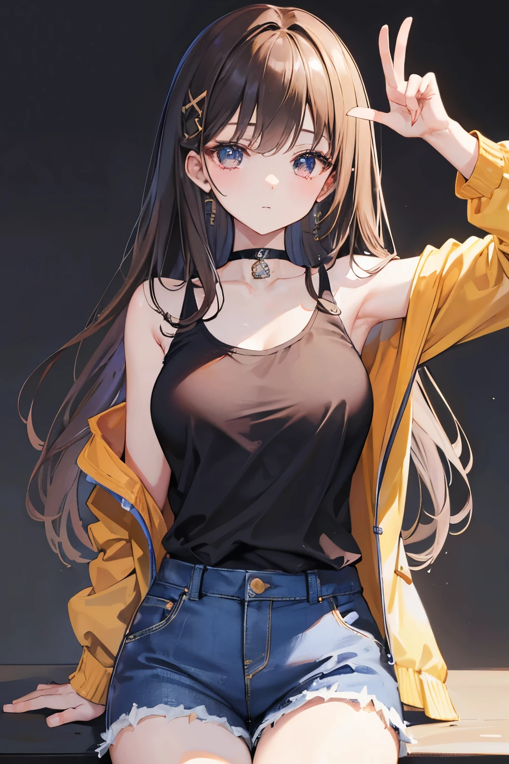 masterpiece, Highest quality, beautiful, high resolution, perfect anatomy, Beautiful bright flaxen hair、Beautiful eyes、Longhaire、Tank tops、denim shortpants、a choker、 black pantyhose, brown jacket, selfie style、selfee、piece、piece sign、 8K、a beauty girl、 Nice、 Beautiful hair、 Beautiful eyes、 Beautiful skin、Beautiful legs、Beautiful arms、Perfect fingers、 Very cute、 Very kawaii、