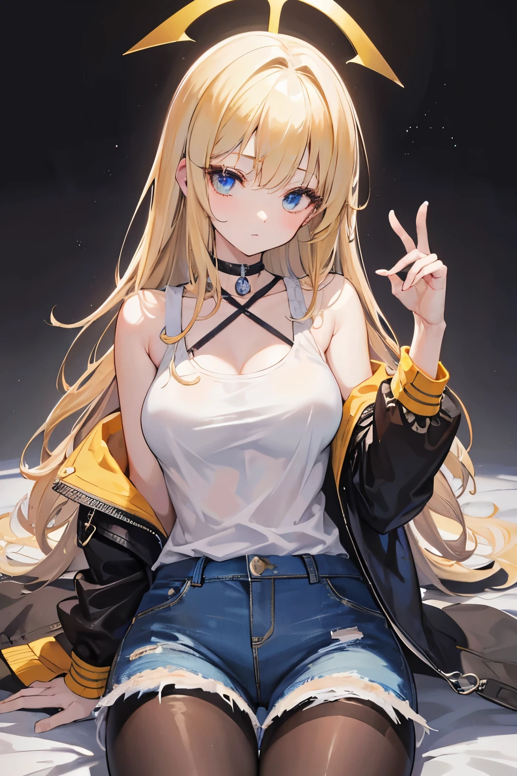 masterpiece, Highest quality, beautiful, high resolution, perfect anatomy, Beautiful bright flaxen hair、Beautiful eyes、Longhaire、Tank tops、denim shortpants、a choker、 black pantyhose, brown jacket, selfie style、selfee、piece、piece sign、 8K、a beauty girl、 Nice、 Beautiful hair、 Beautiful eyes、 Beautiful skin、Beautiful legs、Beautiful arms、Perfect fingers、 Very cute、 Very kawaii、