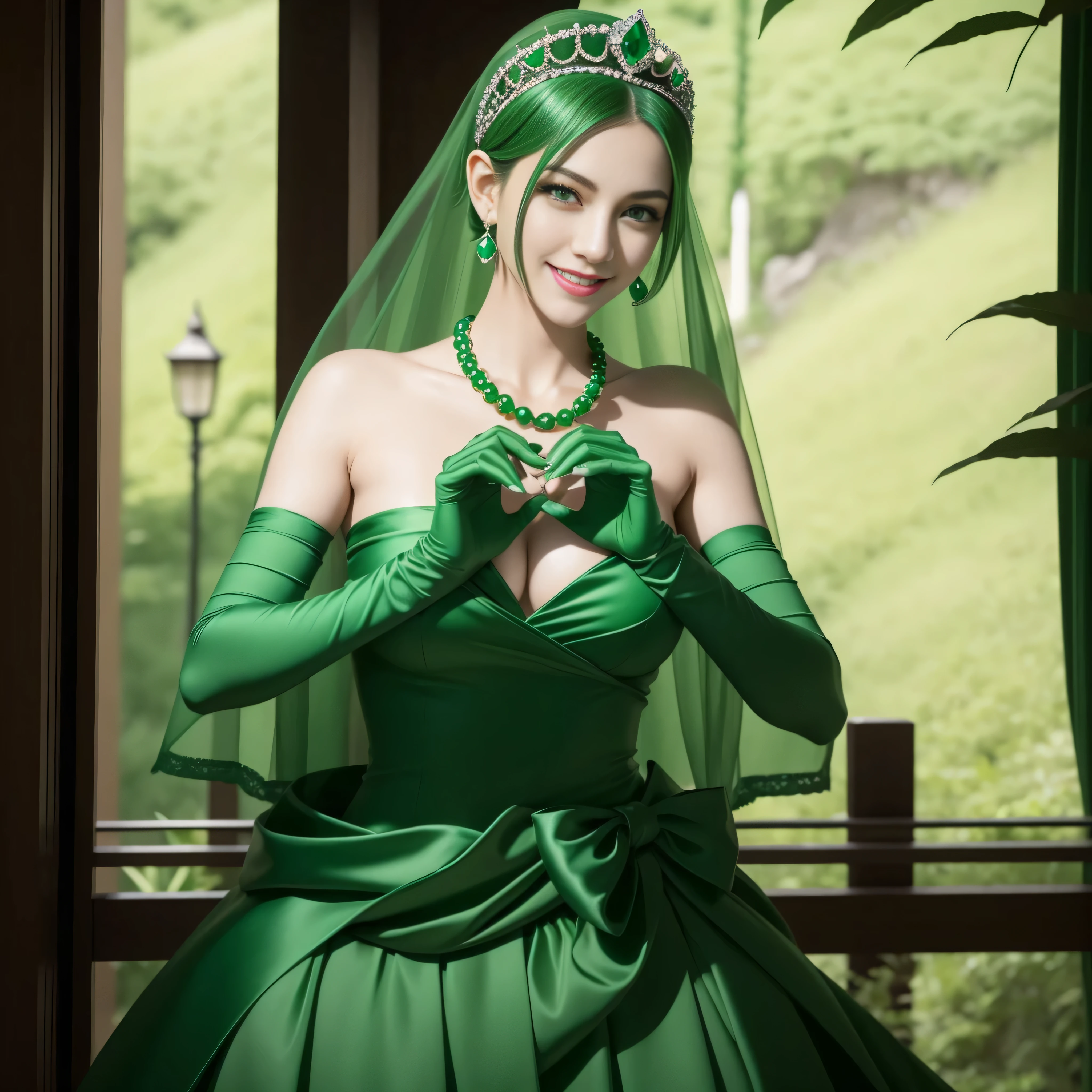 emerald tiara, Green Pearl Necklace, Boyish very short green hair, lipsticks, Japan woman smiling, very short short hair, big breasts beautiful, Green eyes, Long green gloves made of satin material, Green eyes, Emerald Earrings, green vale, Heart with both hands