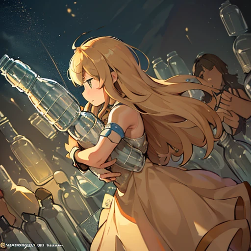 A girl in bottle armor who serves a floating bottle、Amazing dynamism、Amazing Angle、Unstable buoyancy sandstorm、((((((Many friendly bottles closely fused and chased each other))))))、((Hug watching each other&#39;jar of))、