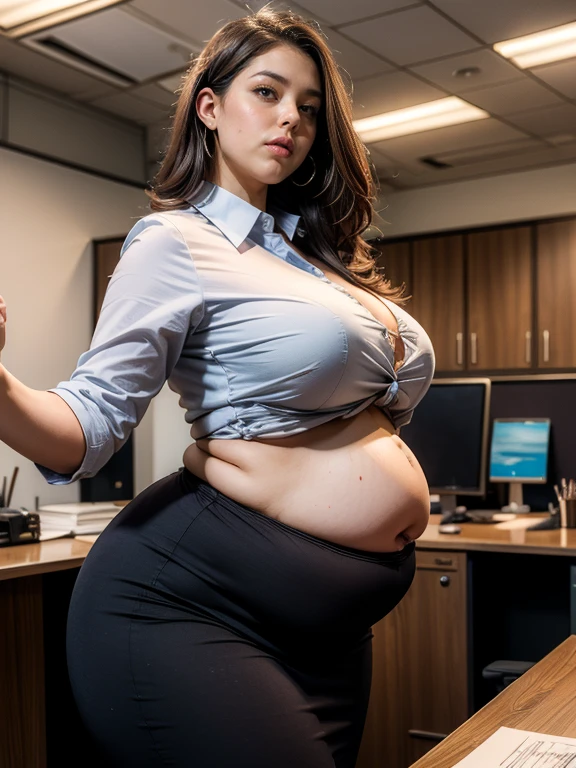 masterpiece, best quality, super detail, 4k, 1girl, (office outfit:1.46), (bbw, gigantic belly:1.4), in a crowded office, dynamic pose