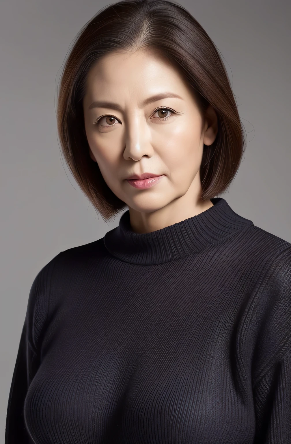 hight resolution, high-level image quality, high detailing, masterpiece, Textured skin, tre anatomically correct, sharp, greybackground((japanese mature, 70yo)), 独奏, ((Wrinkles on the face)), large breasts with good shape, Straight light brown hair that reaches to the shoulders, chubby figure (((erect through, facing the center of the screen.))), Close your mouth and look straight ahead with a serious face, Sweaters, skirt by the, ((cowboy shot)),
