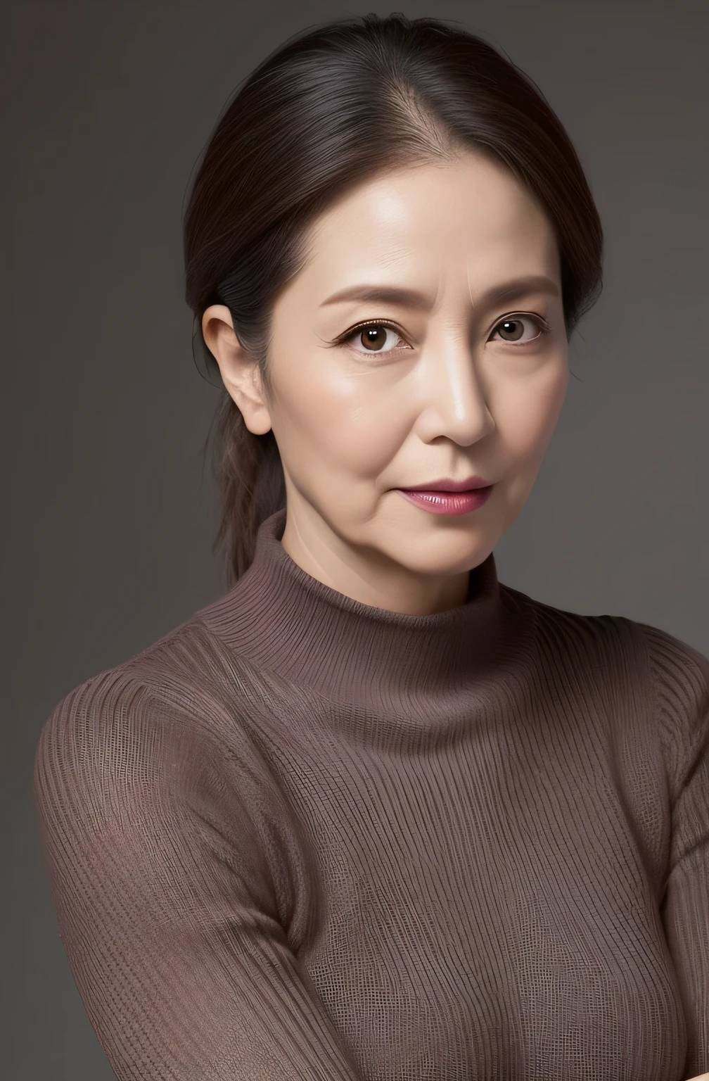 hight resolution, high-level image quality, high detailing, ​masterpiece, Textured skin, tre anatomically correct, sharp, greybackground((japanese mature, 55 years old)), 独奏, ((Wrinkles on the face)), large breasts with good shape, Straight light brown hair that reaches to the shoulders, chubby figure (((erect through, facing the center of the screen.))), Close your mouth and look straight ahead with a serious face, Sweaters, skirt by the, ((cowboy  shot)),