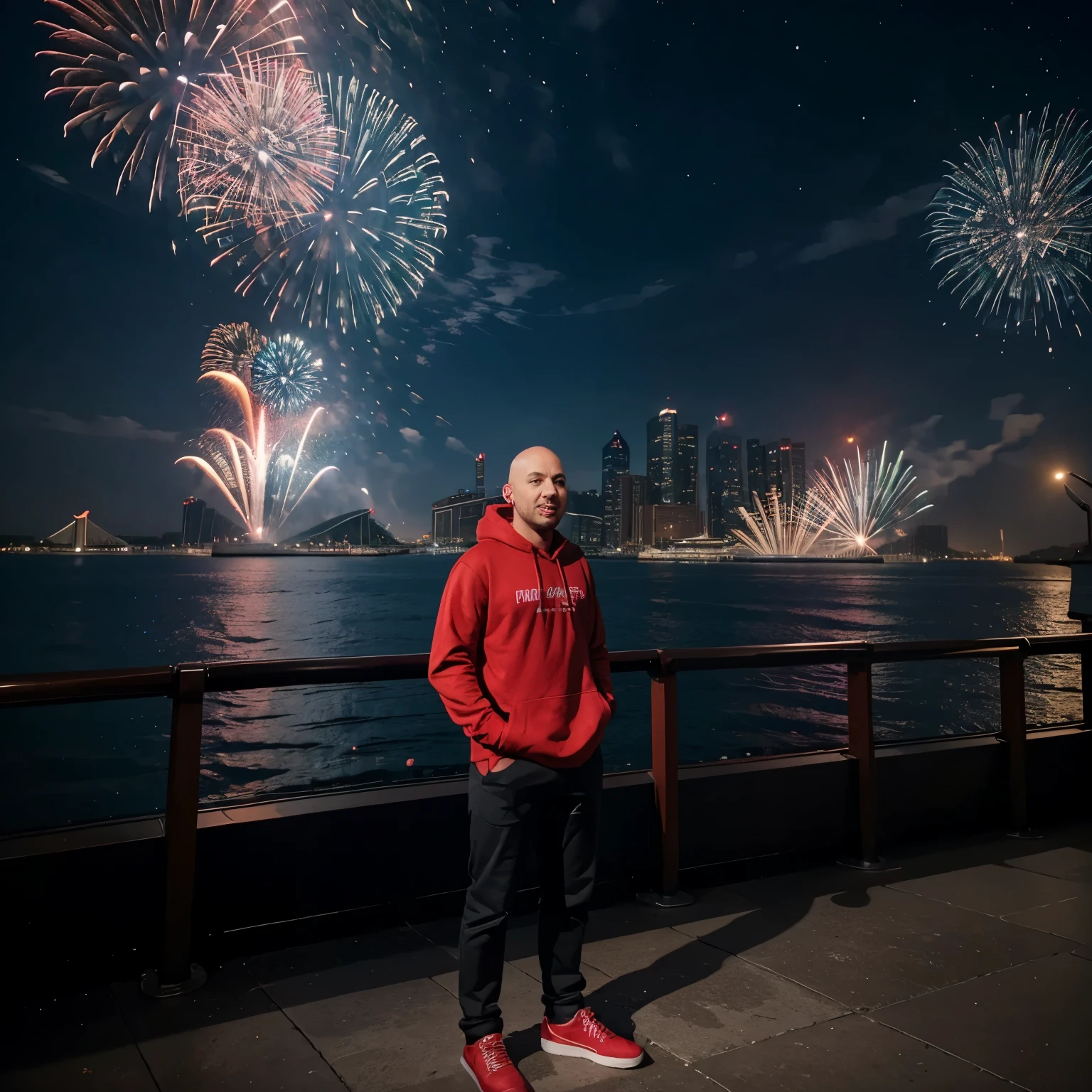 bald man standing in the middle shouting excitedly wearing a red hoodie, background will have a merlion and night sky with many fireworks drawn in the