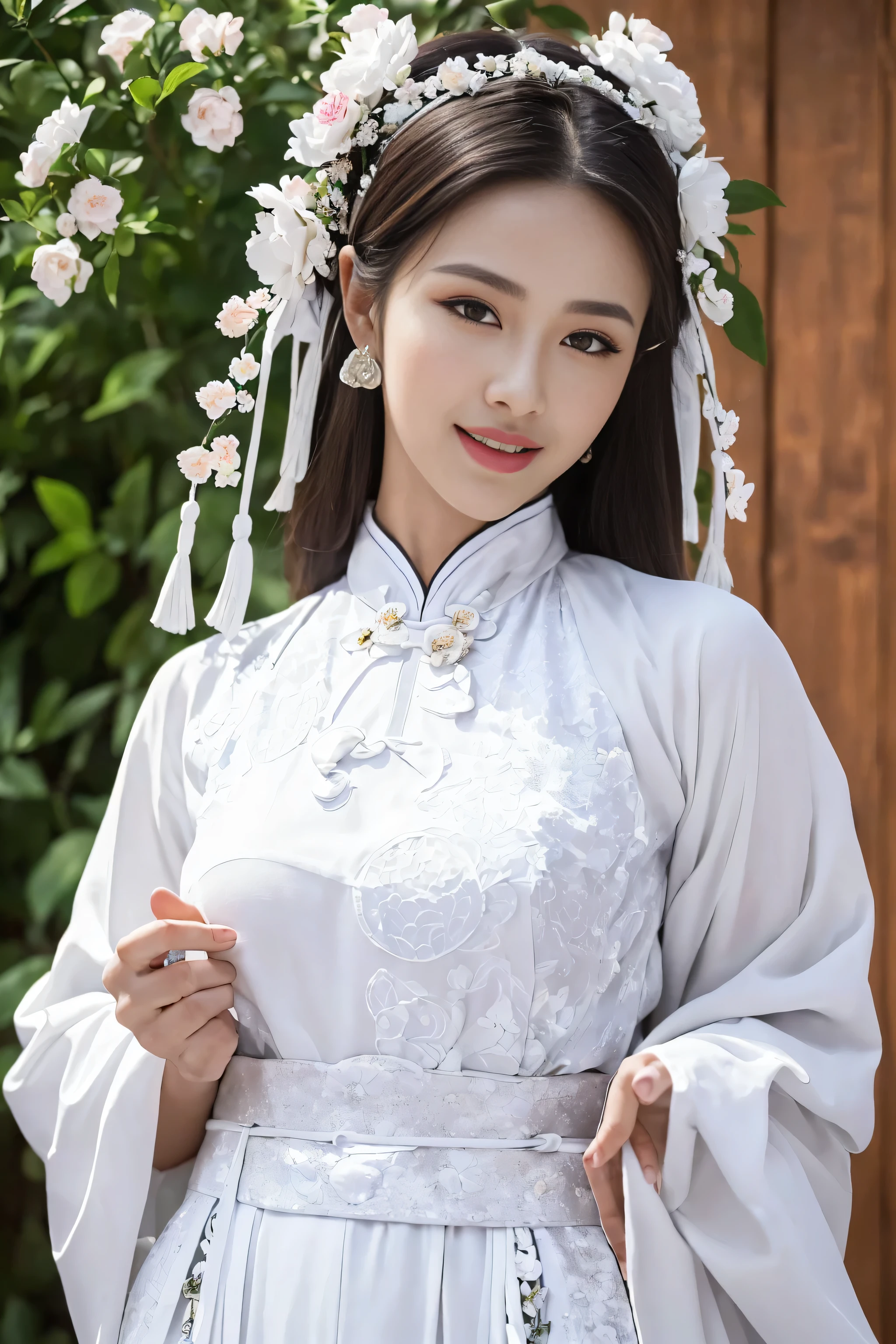 (Best quality at best,A high resolution),(actual),(sporty attire),(beautidful eyes,beautiful detailed lips,Extremely detailed face),(((White ancient Chinese costume)))，(External，Lush greenery，flowers blooming)，,(Stylish and fashionable clothes),(elongated),(stand posture),(Full body photo),(facing at the camera),(Smiling),(gentle expressions),(Perfect hair details),(Perfect lighting details),(Perfect skin details),