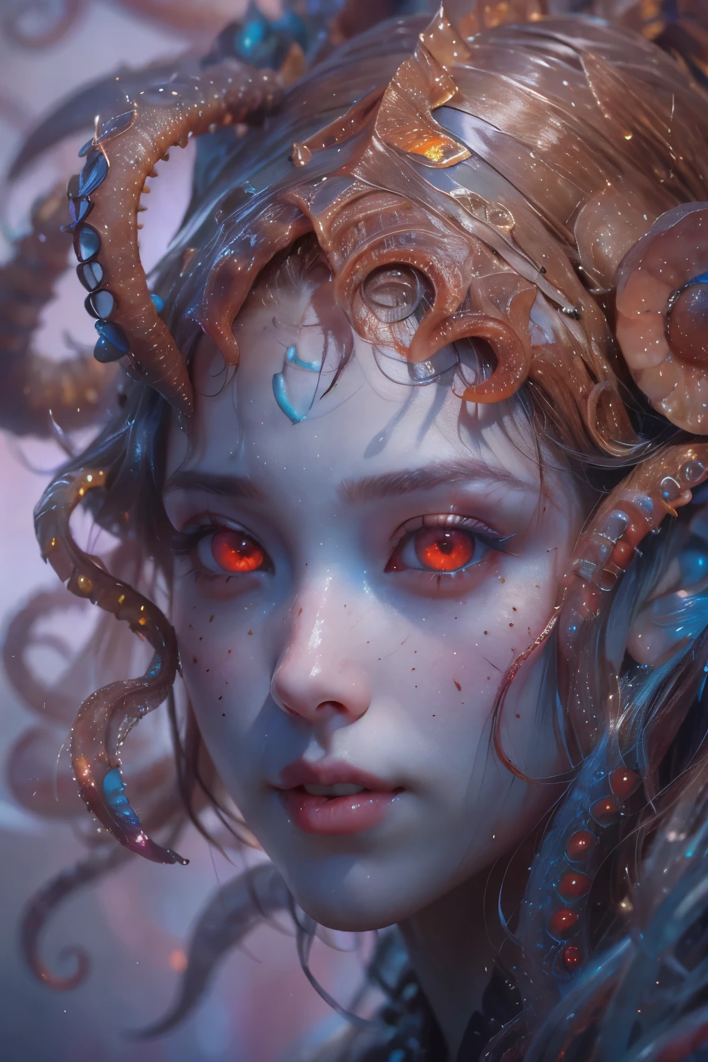 Portrait, (beautiful female alien:1.2), (she has red eyes with no pupils:1.8), (Translucent skin:1.7), (There is a female genital-like organ in the middle of the forehead:1.9), (The most beautiful face in the history of the universe:1.2),an evil gaze that seduces, (large mouth:1.1), (sharp teeth like a vampire:1.2), Full body like, (bio luminescent:1.5), (Smile wickedly:1.3), (ypose:1.5), alien, No humans, cells are fused, (Lots of translucent tentacles:1.3) extraterrestrial, cell, bio image, Best Quality, 8K,4K_quality, High Definition, Dramatic Lighting, masutepiece:1.5,cinematic quality, detail up, (Intricate details:1.2), High resolution, High Definition, drawing faithfully, (Thick eyebrows:1.2), Beautiful eyes with fine symmetry,(Highly detailed face and eyes:1.2), Intimate face, (Super detailed skin quality feeling:1.4), Perfect Anatomy, (Beautiful toned body:1.5), (Moist skin:1.2), No makeup, (dark circles:1.1), long canines, cinematic drawing of characters, ultra high quality model, cinematic quality, detail up, (Intricate details:1.2), High resolution, High Definition, drawing faithfully, Official art, Unity 8K wall , 8K Portrait, Best Quality, Very High resolution, ultra detailed artistic photography, midnight aura, unreal enginee 5, Ultra Sharp Focus, art by alberto seveso, ArtGerm, Roisch, intricate artwork, best quality, masutepiece, ultra High resolution, (photos realistic:1.4), Ultra-realistic realism, dream-like, nautilus, Creation of fantasy, Snail, Dream Snail, biopunk nautilus, Thrilling color schemes, Ultra-realistic realism, seductively smiling, Blue tentacles,