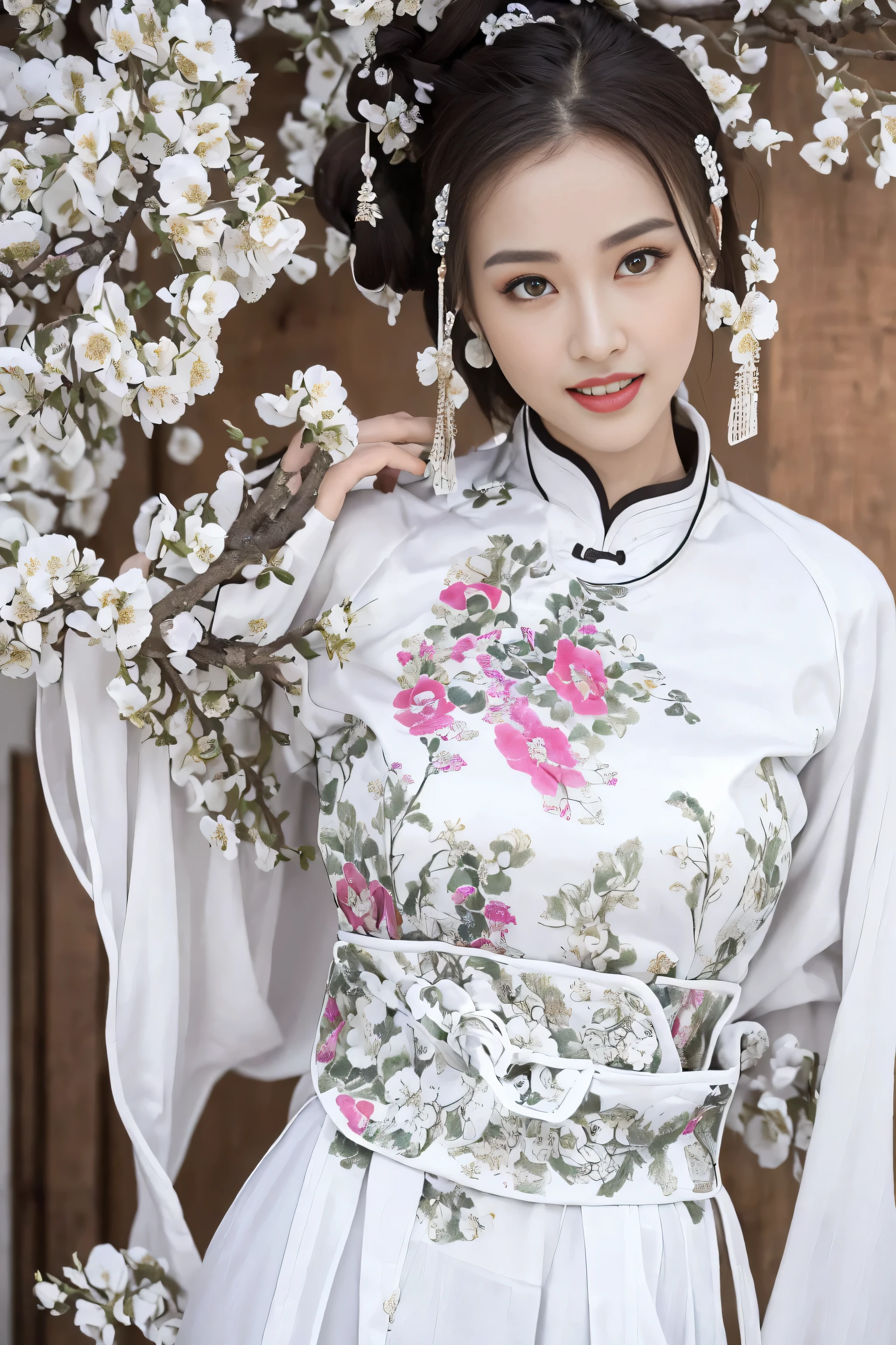 (Best quality at best,A high resolution),(actual),(sporty attire),(beautidful eyes,beautiful detailed lips,Extremely detailed face),(((White ancient Chinese costume)))，(External，Lush greenery，flowers blooming)，,(Stylish and fashionable clothes),(elongated),(stand posture),(Full body photo),(facing at the camera),(Smiling),(gentle expressions),(Perfect hair details),(Perfect lighting details),(Perfect skin details),