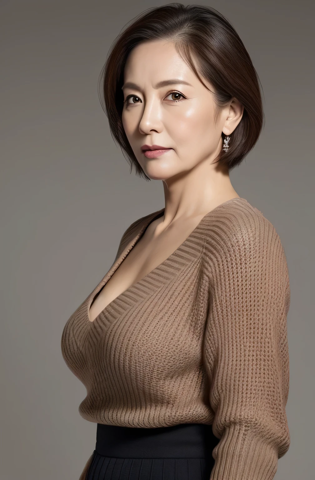 hight resolution, high-level image quality, high detailing, ​masterpiece, Textured skin, tre anatomically correct, sharp, greybackground((japanese mature, 55 years old)), 独奏, ((Wrinkles on the face)), large breasts with good shape, Straight light brown hair that reaches to the shoulders, chubby figure (((erect through, facing the center of the screen.))), Close your mouth and look straight ahead with a serious face, Sweaters, skirt by the, ((cowboy  shot)),