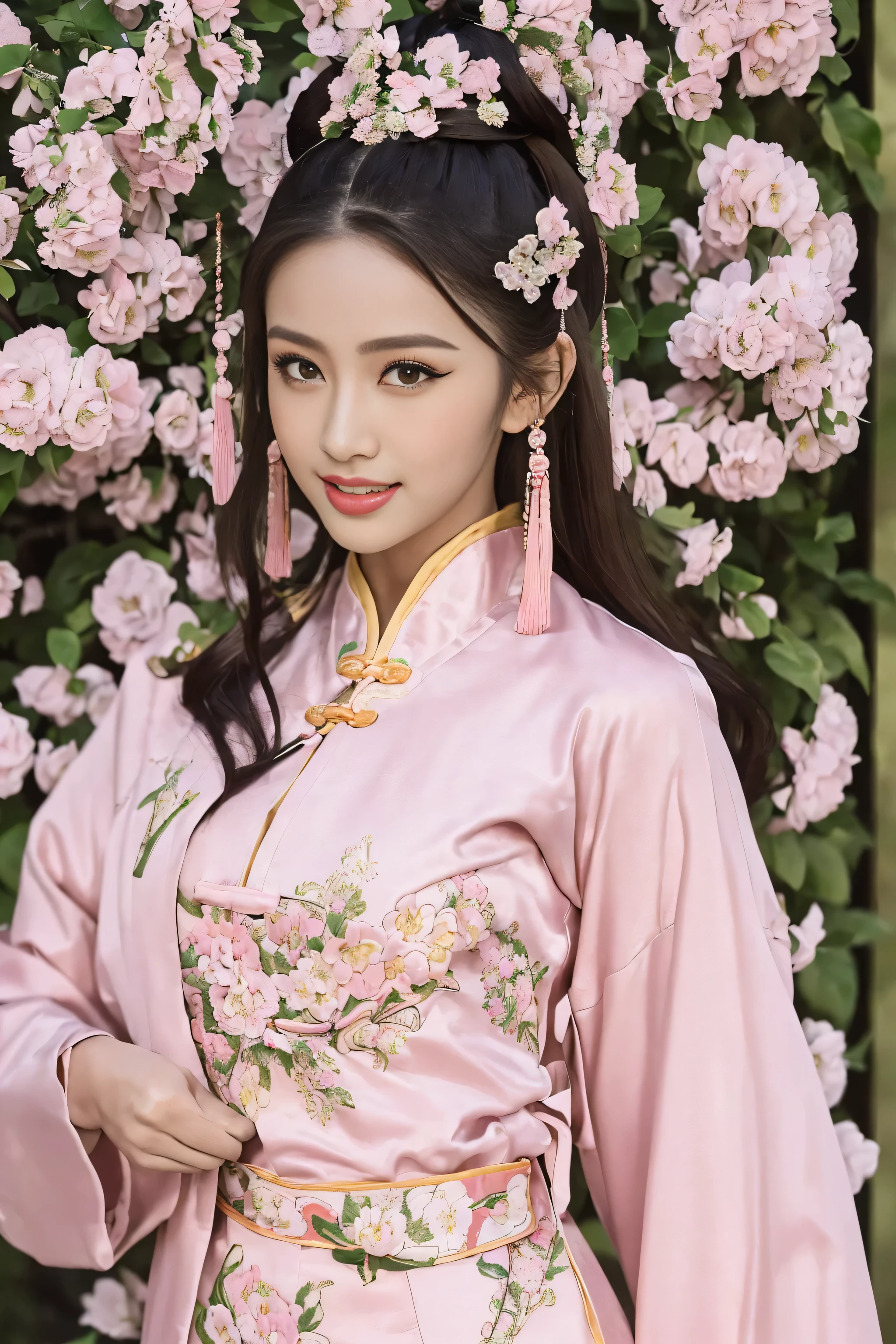 (Best quality at best,A high resolution),(actual),(sporty attire),(beautidful eyes,beautiful detailed lips,Extremely detailed face),(((Pink ancient Chinese costume)))，(External，Lush greenery，flowers blooming)，,(Stylish and fashionable clothes),(elongated),(stand posture),(Full body photo),(facing at the camera),(Smiling),(gentle expressions),(Perfect hair details),(Perfect lighting details),(Perfect skin details),