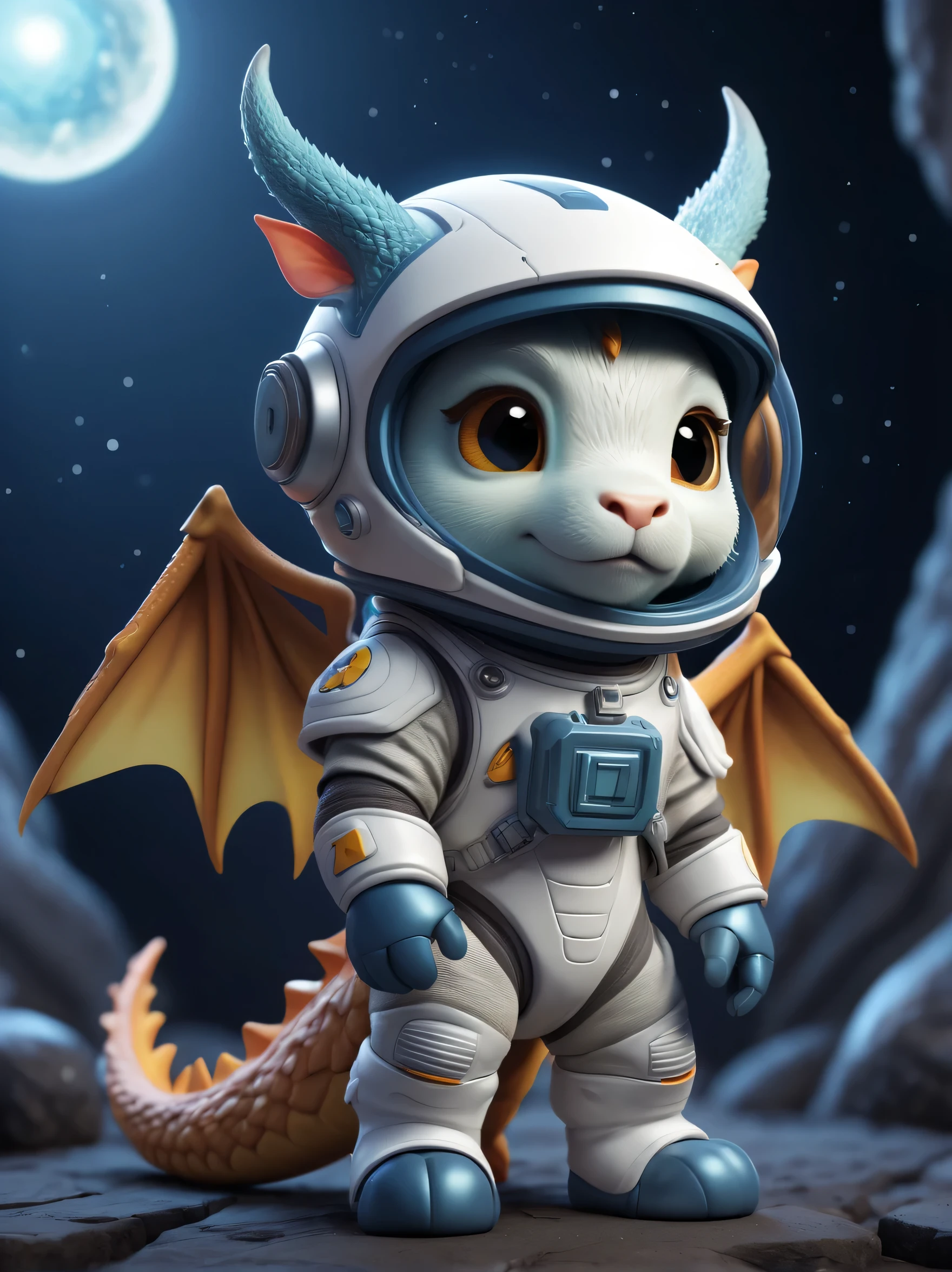 There is a small zodiac dragon with a helmet,Cute 3d rendering,little astronaut looking up,shaggy,Portrait space cadet zodiac dragon,Cute 3d rendering of cartoon zodiac dragon,Cute and detailed digital art,Zodiac Dragon Explorer Mini Cute Zodiac Dragon,stylized 3d render,3d rendered figure art 8k,lovely digital painting,Anime style 3D,Ultra-detailed rendering