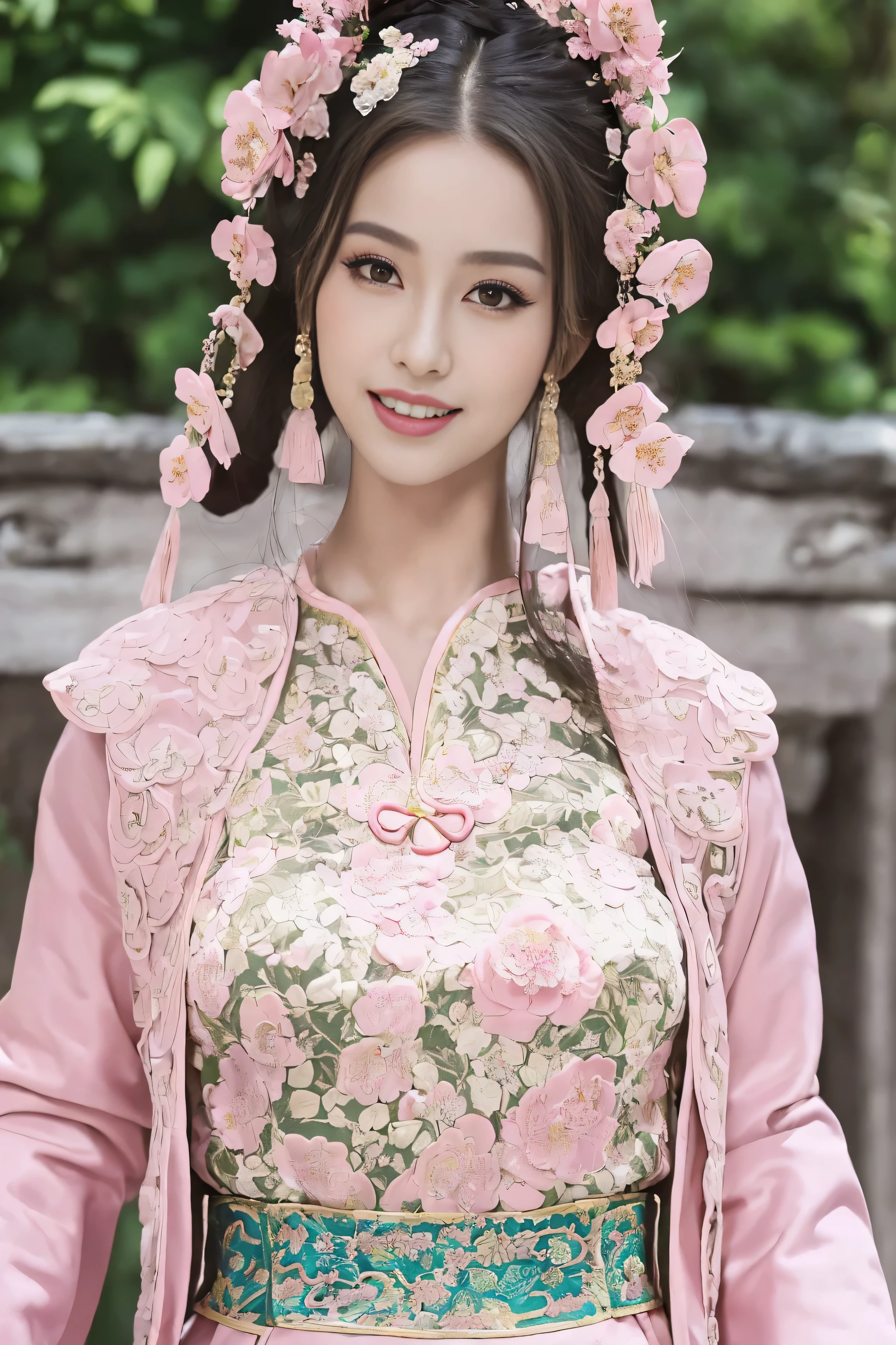 (Best quality at best,A high resolution),(actual),(sporty attire),(beautidful eyes,beautiful detailed lips,Extremely detailed face),(((Pink ancient Chinese costume)))，(External，Lush greenery，flowers blooming)，,(Stylish and fashionable clothes),(elongated),(stand posture),(Full body photo),(facing at the camera),(Smiling),(gentle expressions),(Perfect hair details),(Perfect lighting details),(Perfect skin details),