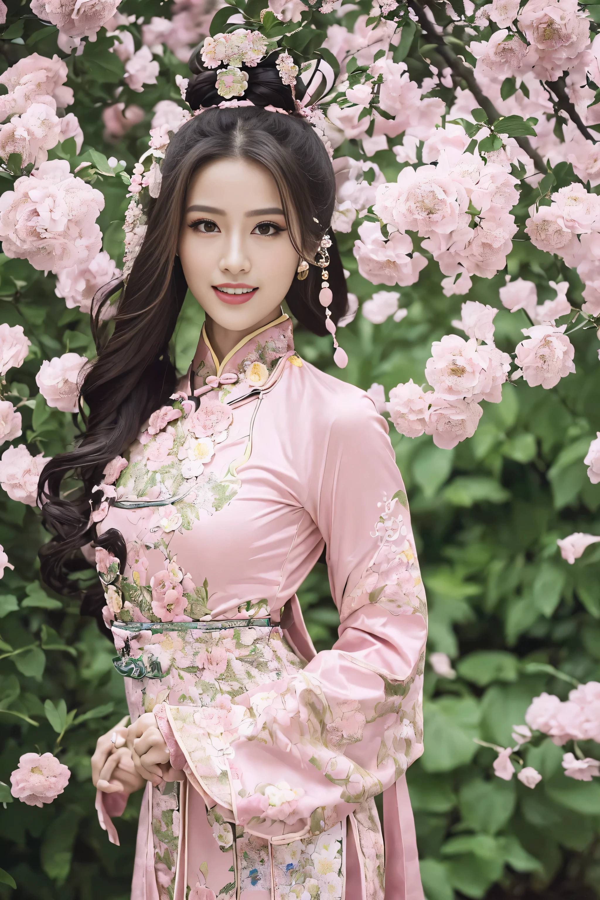 (Best quality at best,A high resolution),(actual),(sporty attire),(beautidful eyes,beautiful detailed lips,Extremely detailed face),(((Pink ancient Chinese costume)))，(External，Lush greenery，flowers blooming)，,(Stylish and fashionable clothes),(elongated),(stand posture),(Full body photo),(facing at the camera),(Smiling),(gentle expressions),(Perfect hair details),(Perfect lighting details),(Perfect skin details),