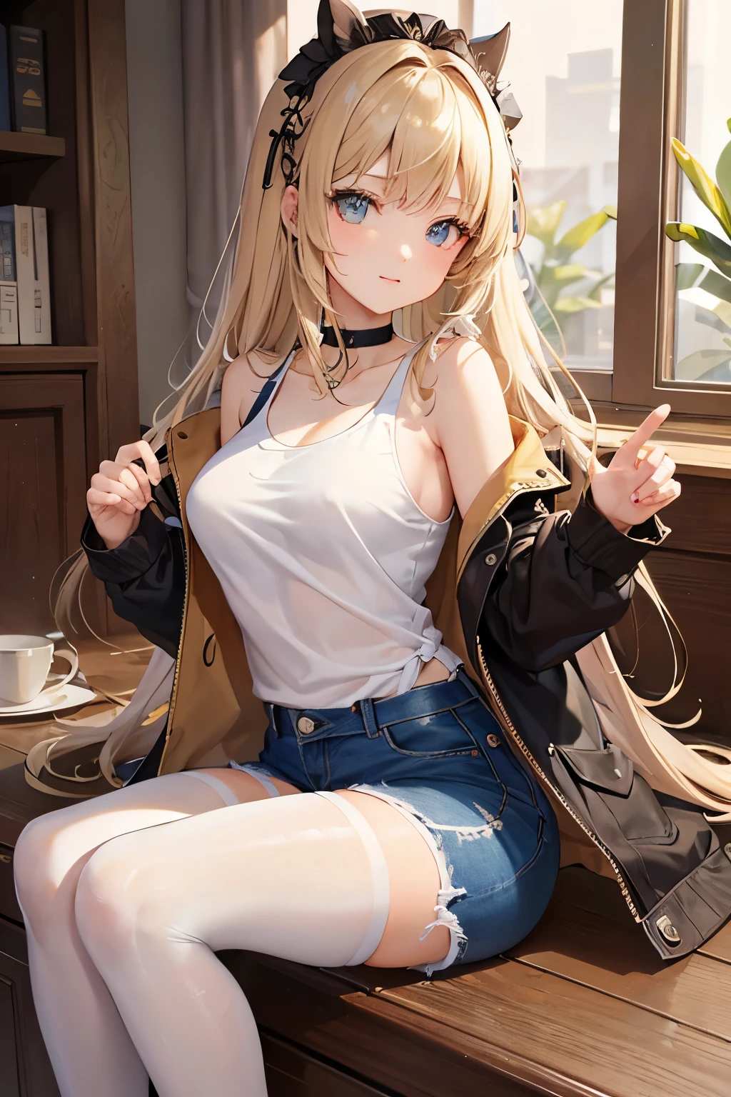masterpiece, Highest quality, beautiful, high resolution, perfect anatomy, Beautiful bright flaxen hair、Beautiful eyes、Longhaire、Tank tops、denim shortpants、a choker、 black pantyhose, brown jacket, selfie style、selfee、piece、piece sign、 8K、a beauty girl、 Nice、 Beautiful hair、 Beautiful eyes、 Beautiful skin、Beautiful legs、Beautiful arms、Perfect fingers、 Very cute、 Very kawaii、