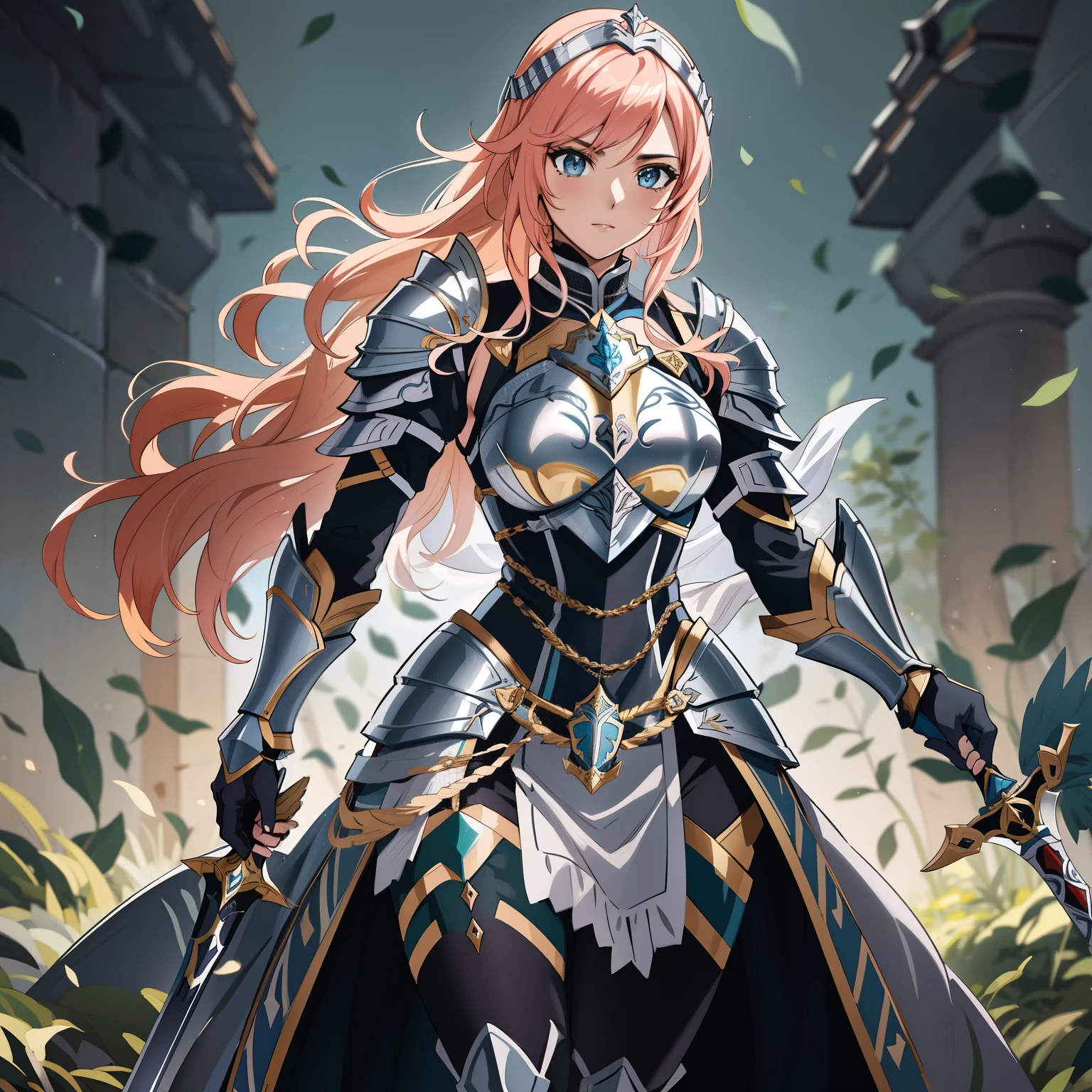 anime - imagem estilo de um cavaleiro feminino de armadura e espada, Menina da armadura, gorgeous Paladina fêmea, of a lindo cavaleiro feminino, cavaleiro feminino, Paladina fêmea, cushart krenz arte chave feminina, Artoria Pendragon, menina na armadura do cavaleiro, portrait of Paladina fêmea, lindo cavaleiro feminino, protagonista feminina 👀 :8, Capa de arte épica light novel, Armadura quebrada, armadura desgastada, roupas rasgadas, peito quebrado, leggings rasgadas,