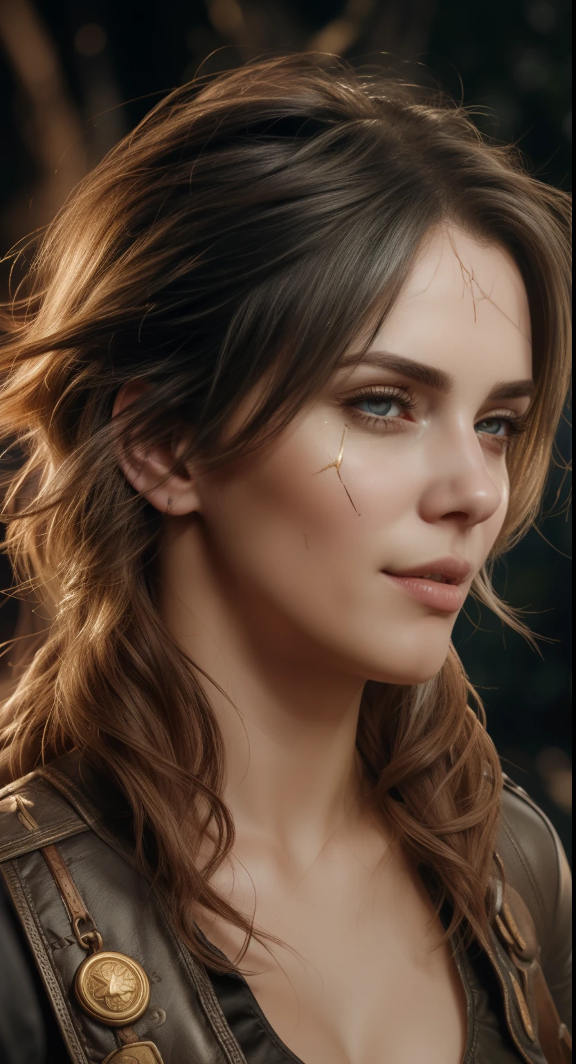 (masterpiece:1.3), (8k, photorealistic, RAW photo, best quality: 1.4), (1girl), (((Ciri from Witcher 3 with massive breasts))), overflowing cleavage, buttons straining, breast expansion,beautiful face, (realistic face), beautiful white hair, realistic red eyes, beautiful detailed red eyes, (realistic skin), beautiful skin, (fur outfit), absurdres, attractive, ultra high res, ultra realistic, highly detailed, golden ratio, deep cleavage,, ((facial curved scar  left cheek)), ((dark colors )),